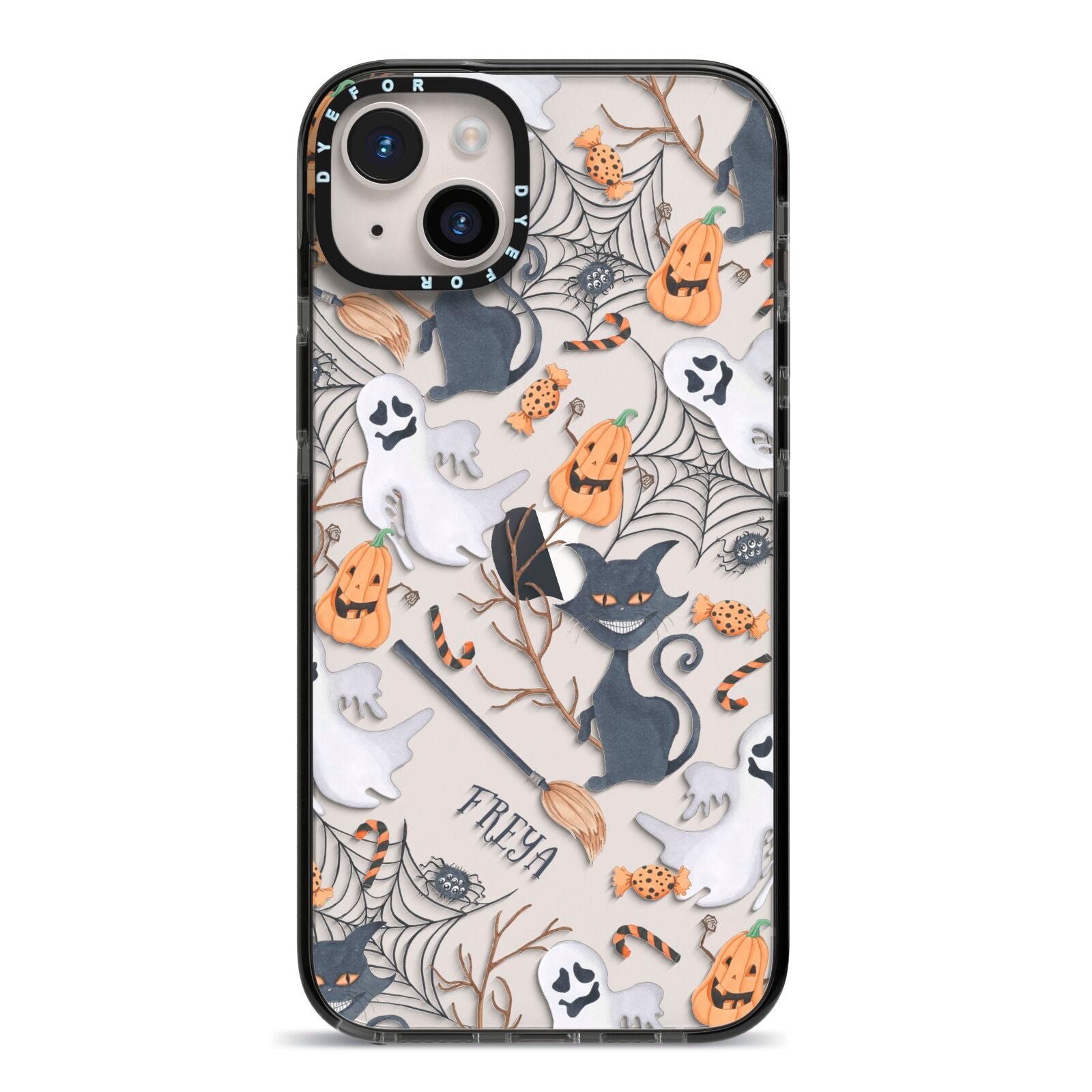 Grinning Cat Halloween iPhone 14 Plus Black Impact Case on Silver phone