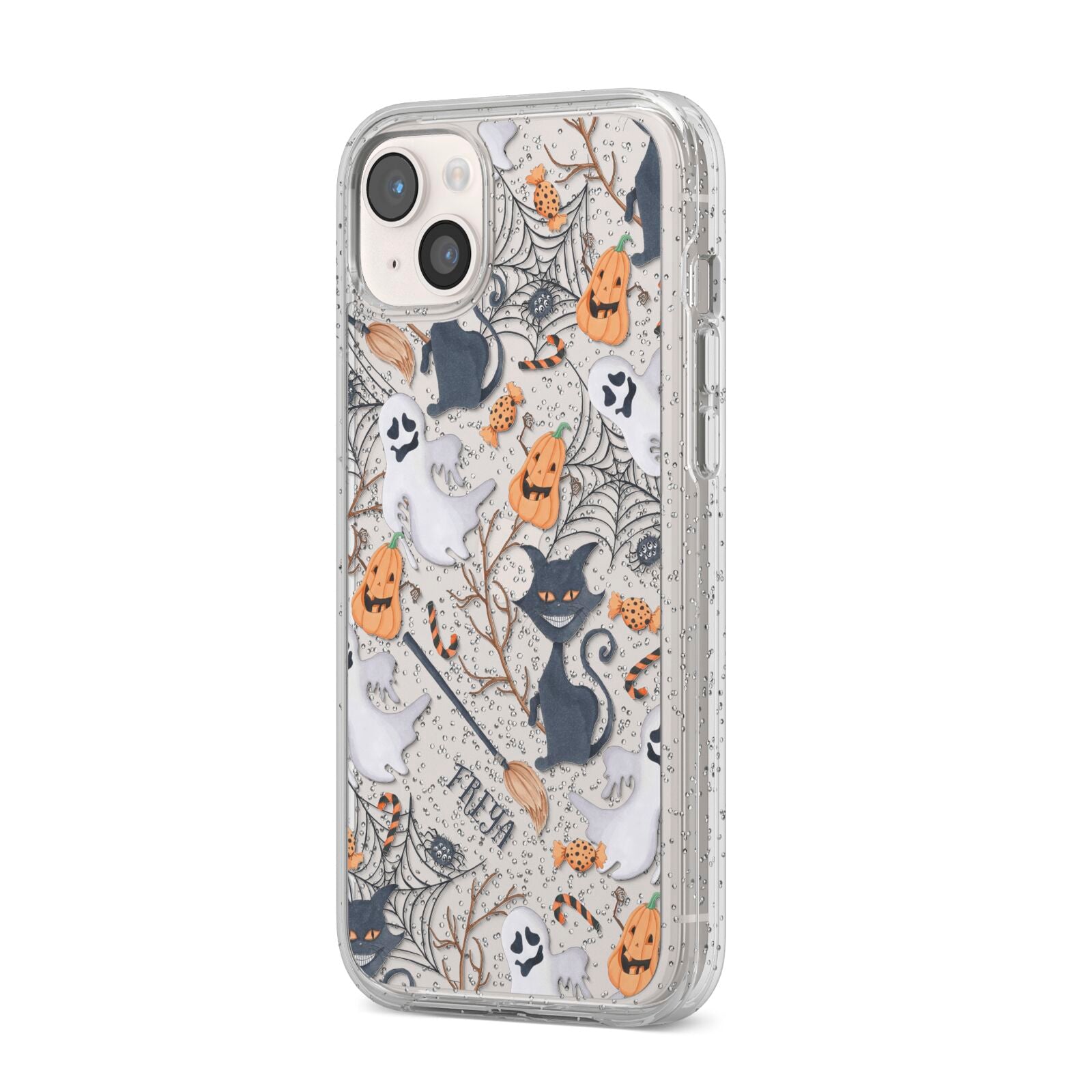 Grinning Cat Halloween iPhone 14 Plus Glitter Tough Case Starlight Angled Image