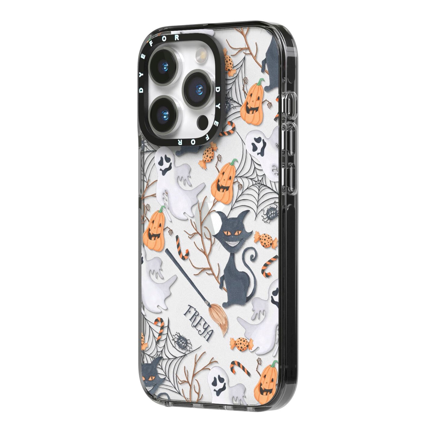 Grinning Cat Halloween iPhone 14 Pro Black Impact Case Side Angle on Silver phone