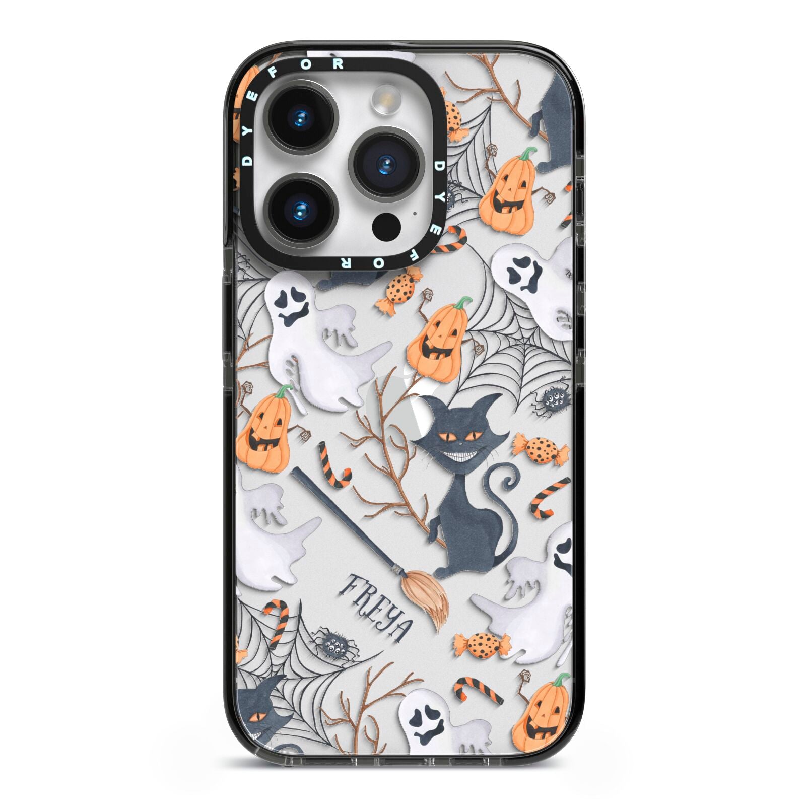 Grinning Cat Halloween iPhone 14 Pro Black Impact Case on Silver phone