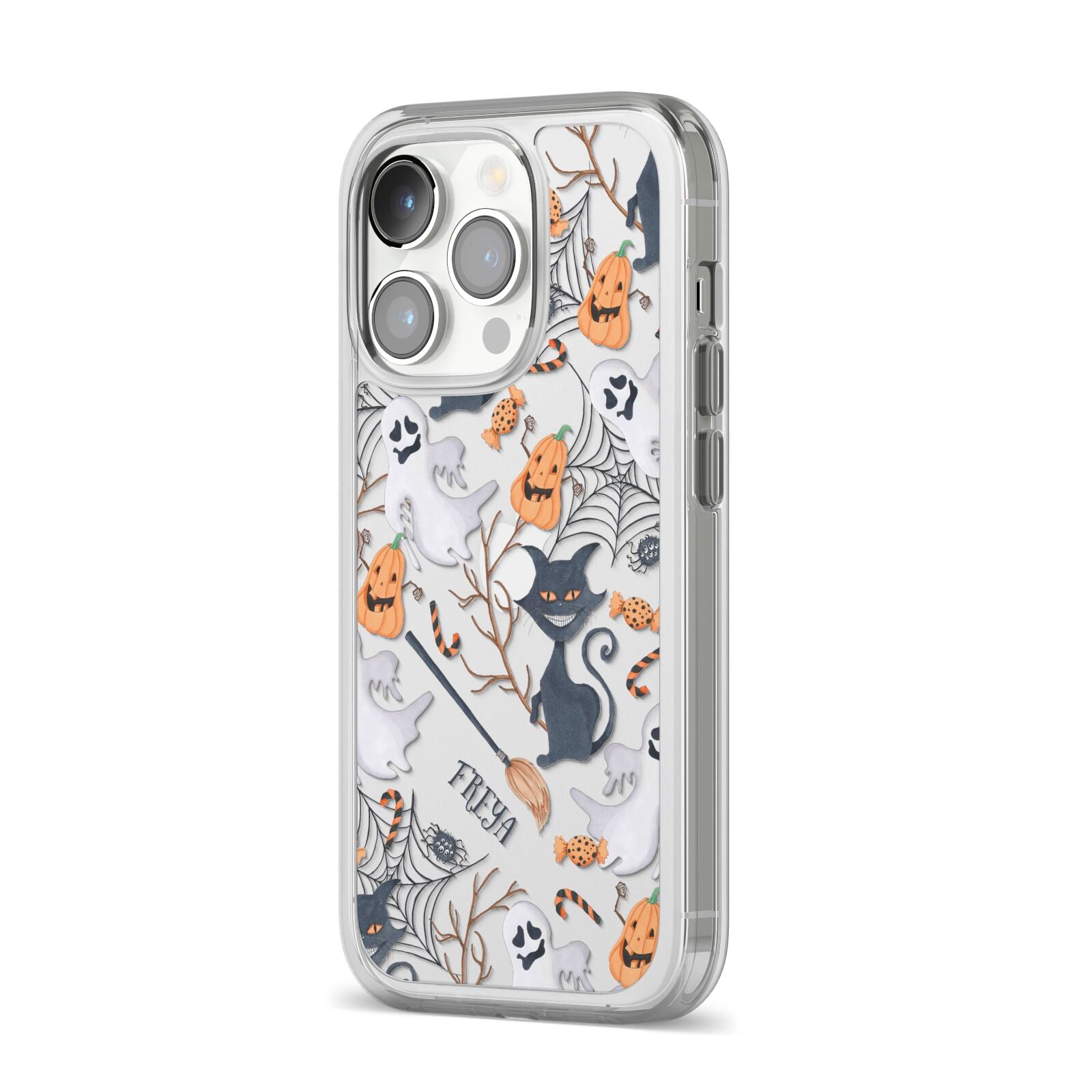 Grinning Cat Halloween iPhone 14 Pro Clear Tough Case Silver Angled Image