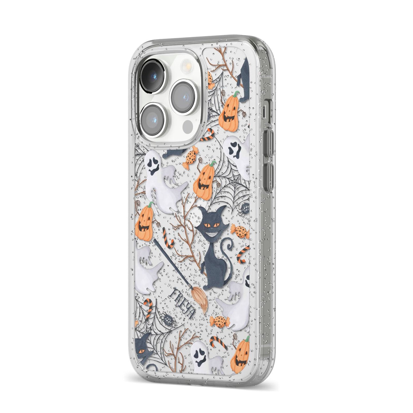 Grinning Cat Halloween iPhone 14 Pro Glitter Tough Case Silver Angled Image