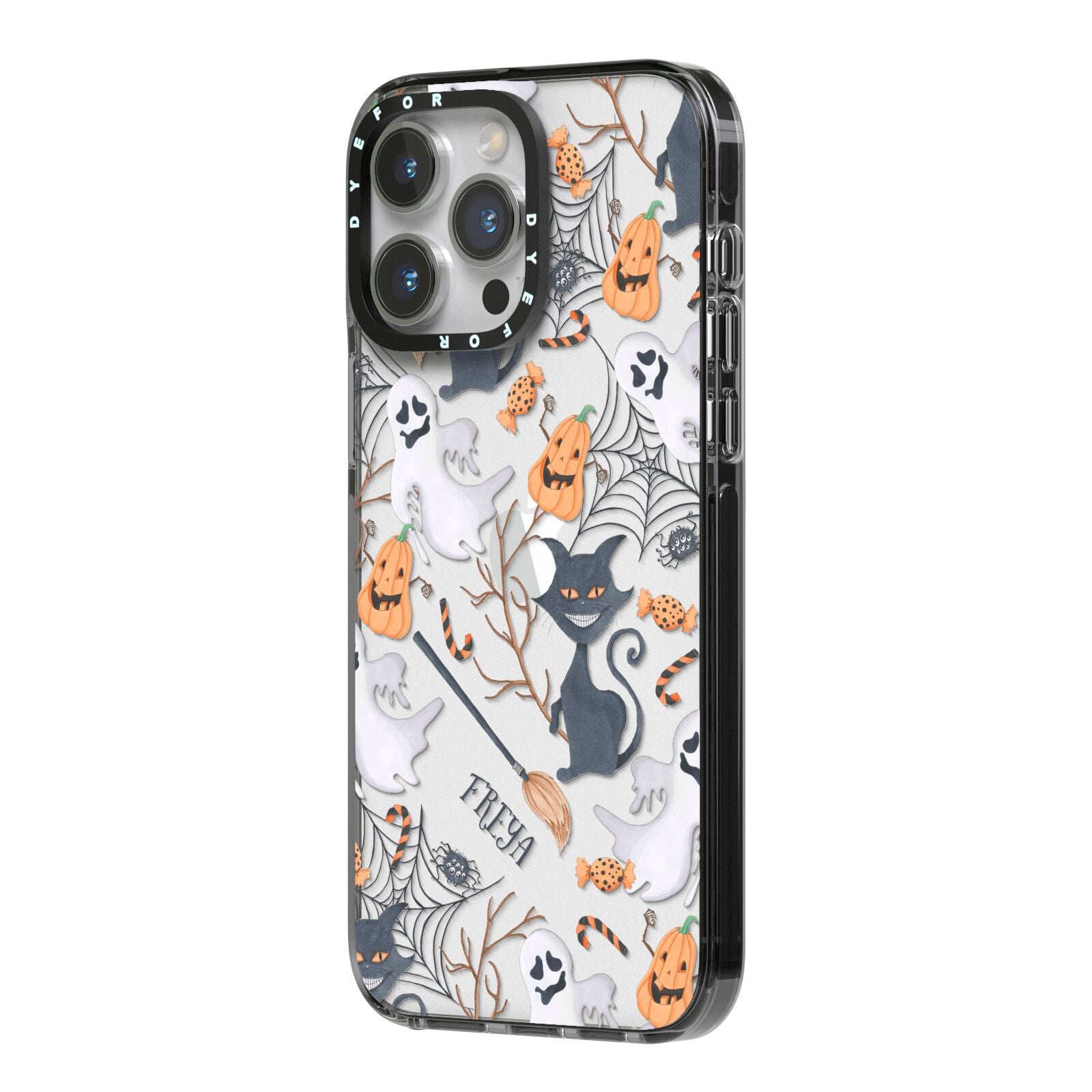 Grinning Cat Halloween iPhone 14 Pro Max Black Impact Case Side Angle on Silver phone