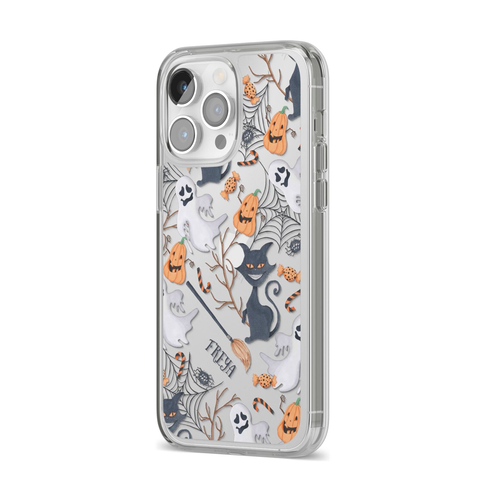 Grinning Cat Halloween iPhone 14 Pro Max Clear Tough Case Silver Angled Image