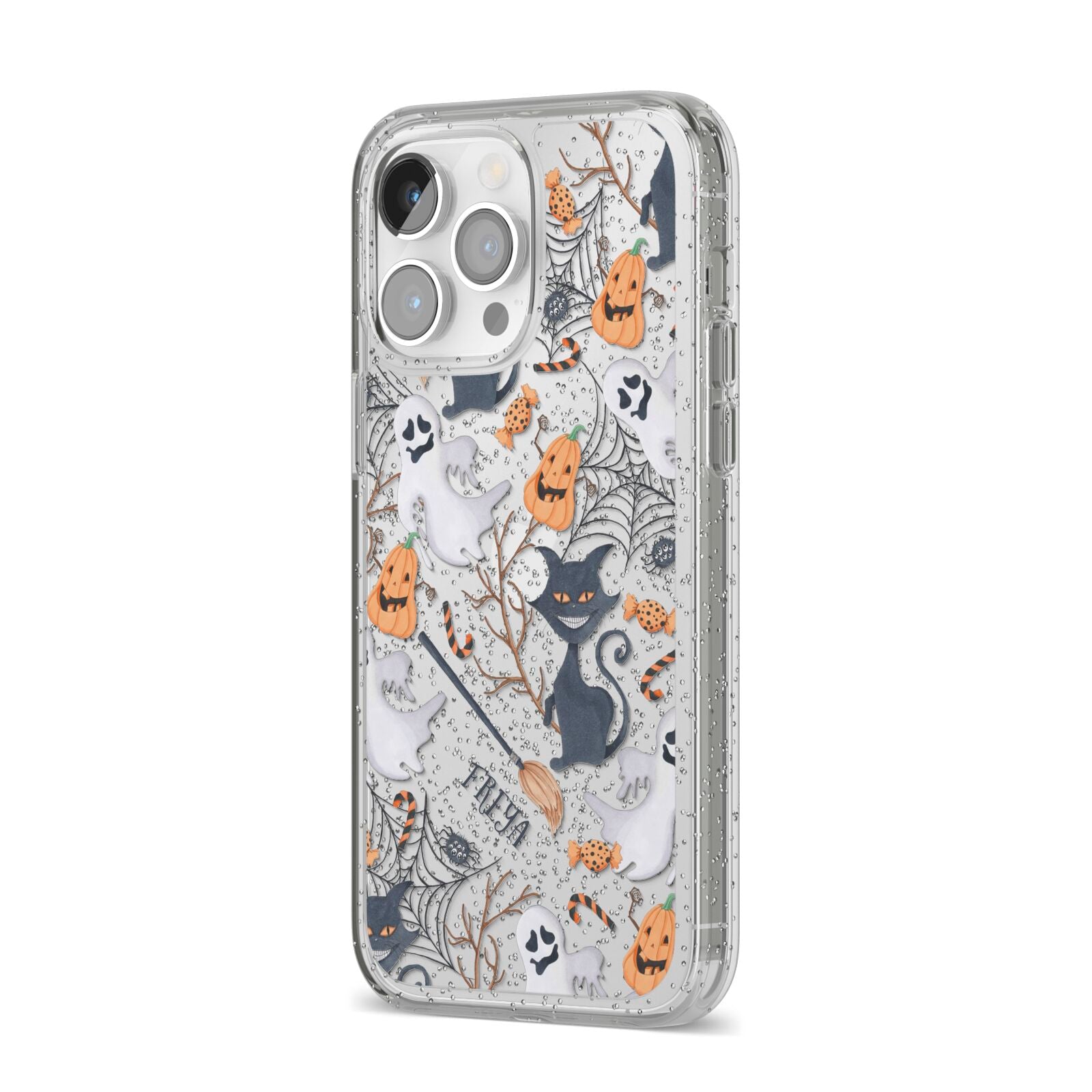 Grinning Cat Halloween iPhone 14 Pro Max Glitter Tough Case Silver Angled Image