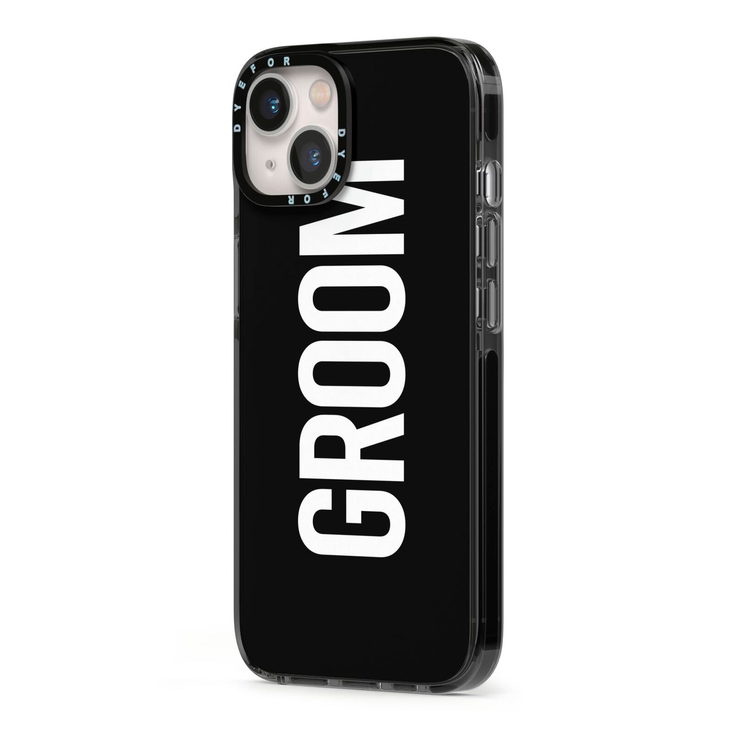 Groom iPhone 13 Black Impact Case Side Angle on Silver phone