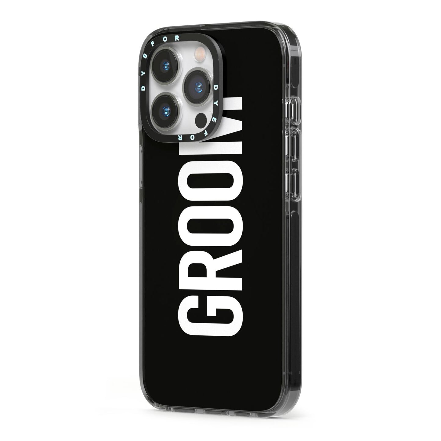 Groom iPhone 13 Pro Black Impact Case Side Angle on Silver phone