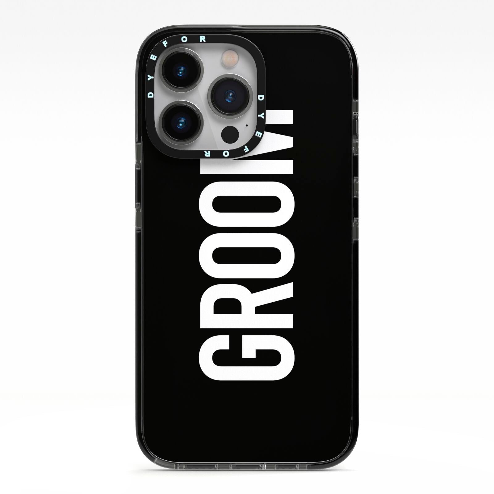Groom iPhone 13 Pro Black Impact Case on Silver phone