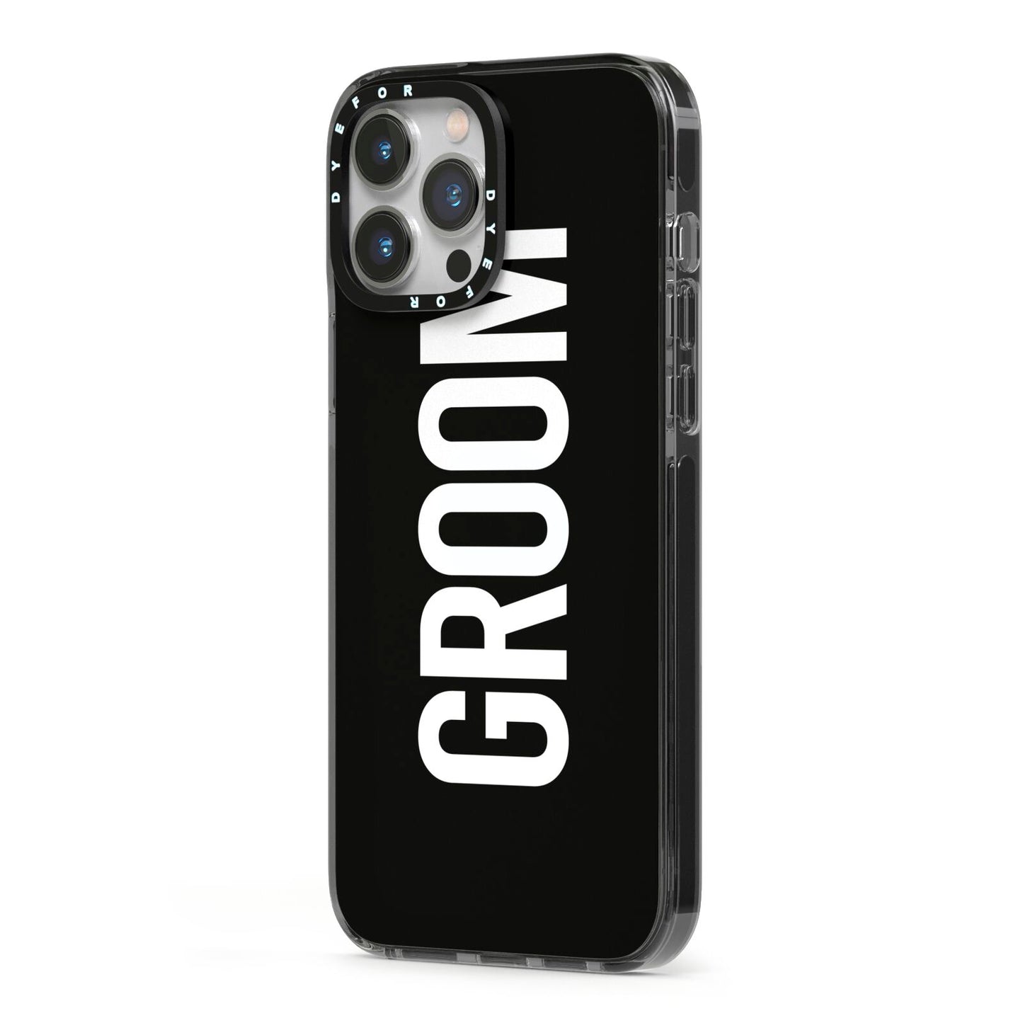 Groom iPhone 13 Pro Max Black Impact Case Side Angle on Silver phone