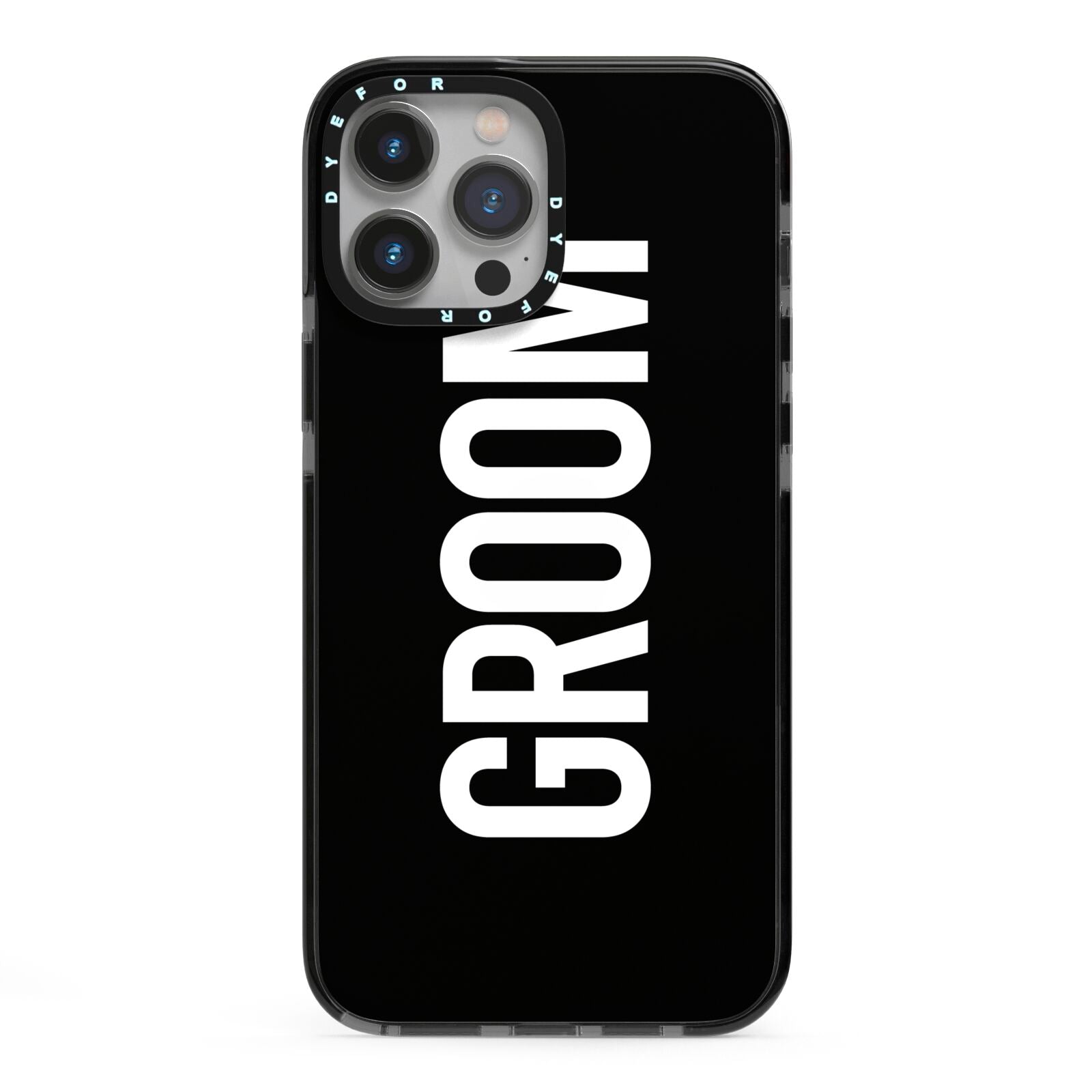 Groom iPhone 13 Pro Max Black Impact Case on Silver phone