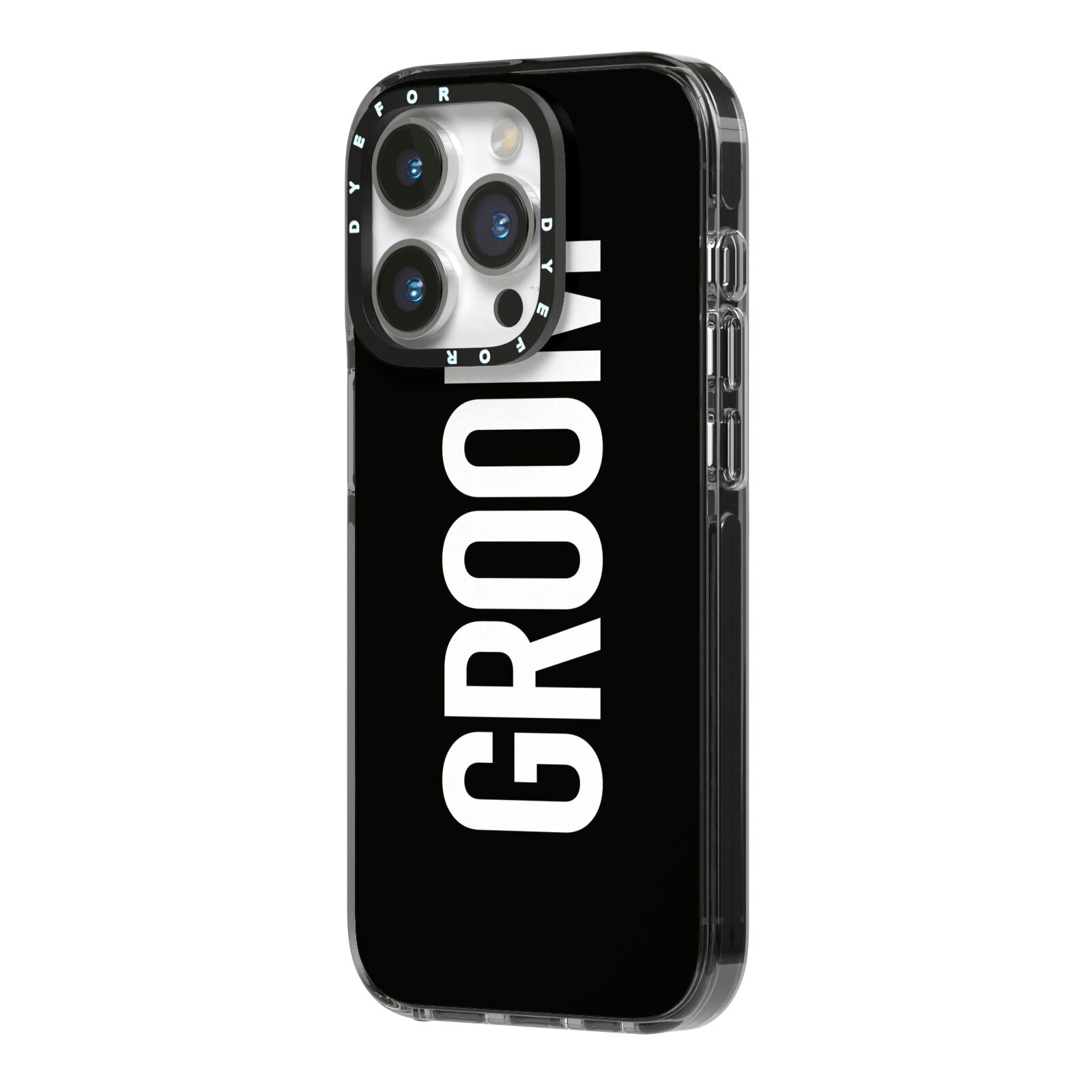 Groom iPhone 14 Pro Black Impact Case Side Angle on Silver phone