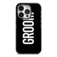 Groom iPhone 14 Pro Black Impact Case on Silver phone