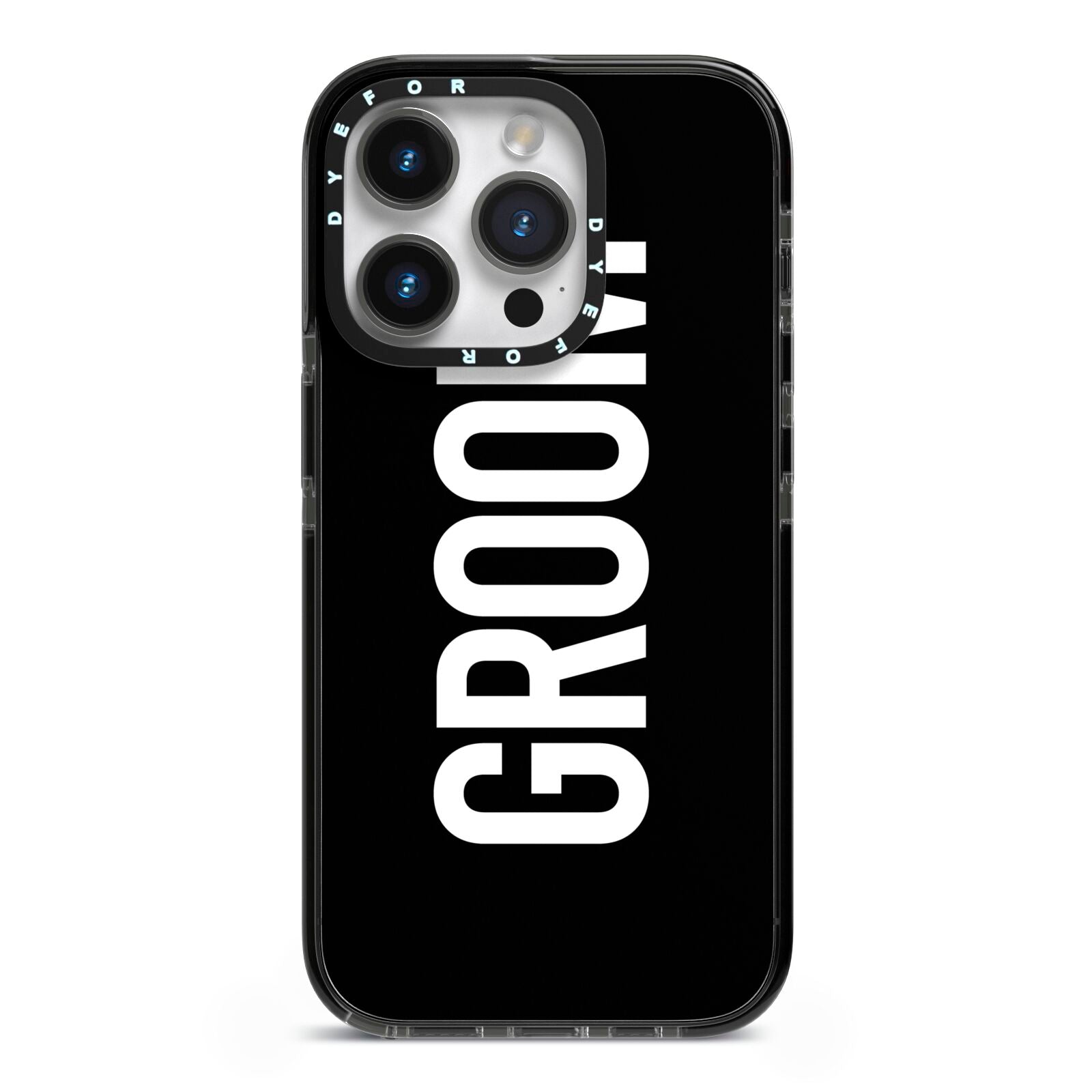 Groom iPhone 14 Pro Black Impact Case on Silver phone