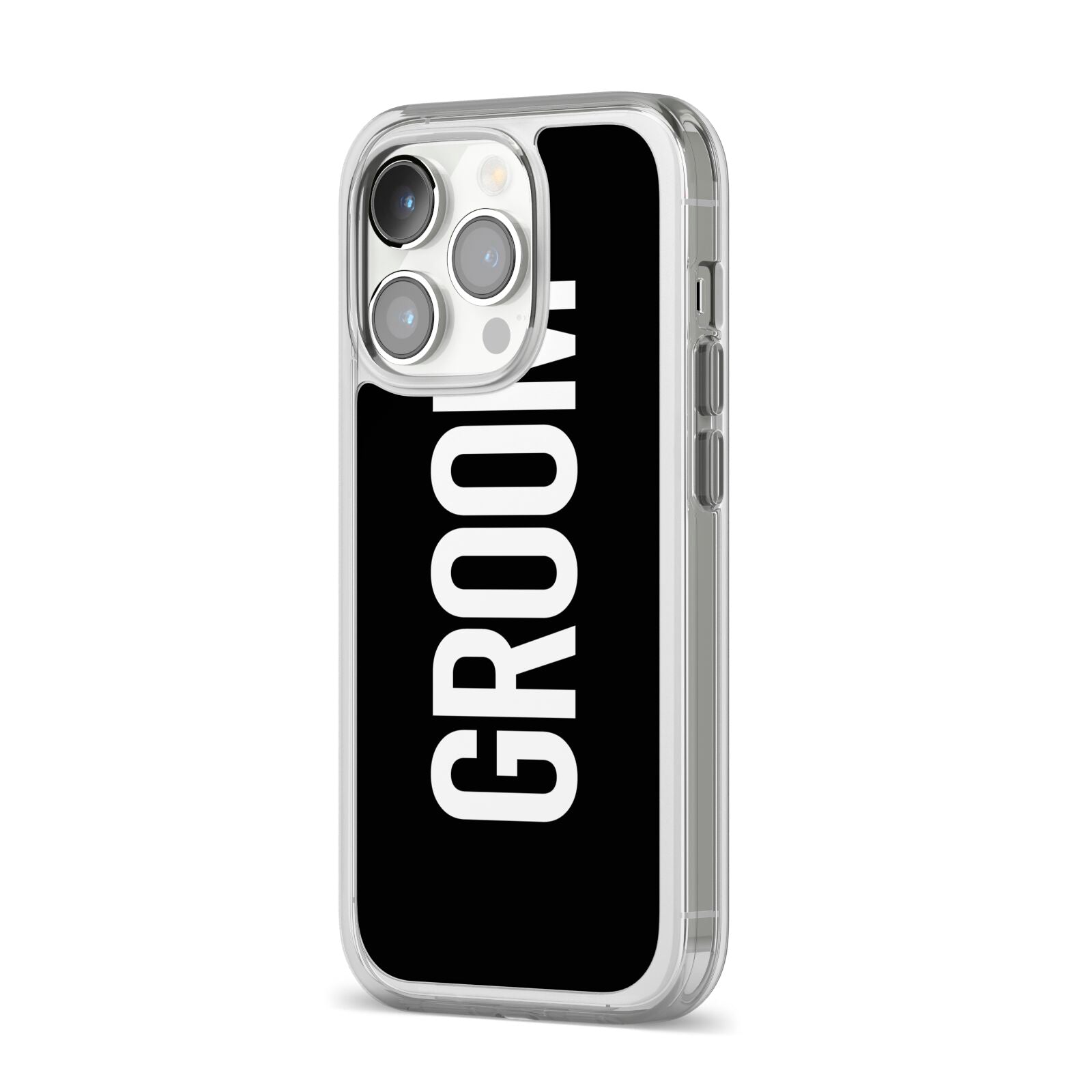 Groom iPhone 14 Pro Clear Tough Case Silver Angled Image