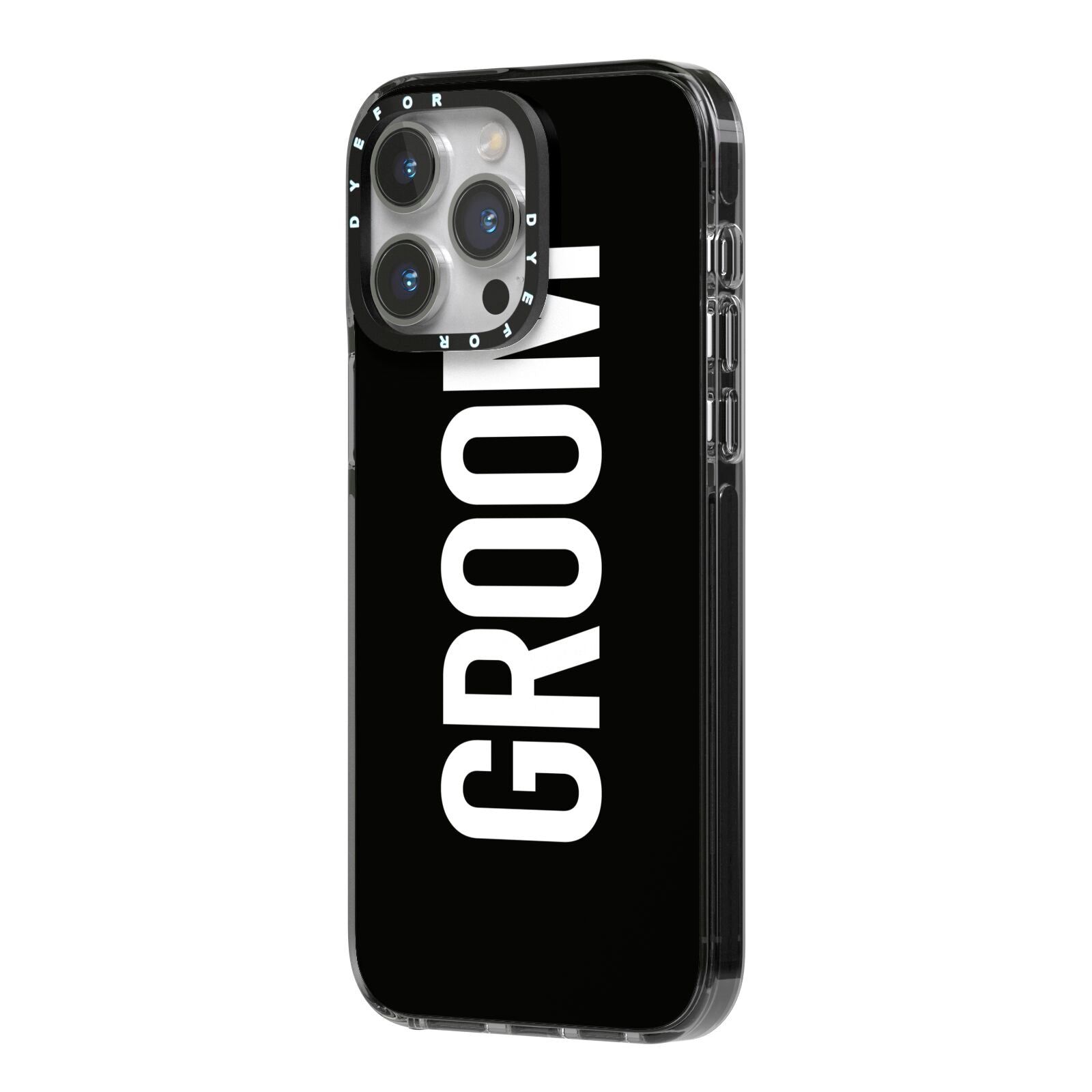 Groom iPhone 14 Pro Max Black Impact Case Side Angle on Silver phone