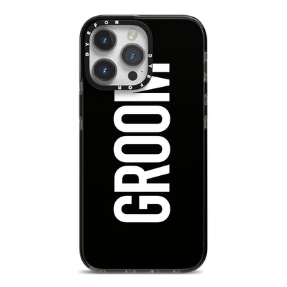 Groom iPhone 14 Pro Max Black Impact Case on Silver phone
