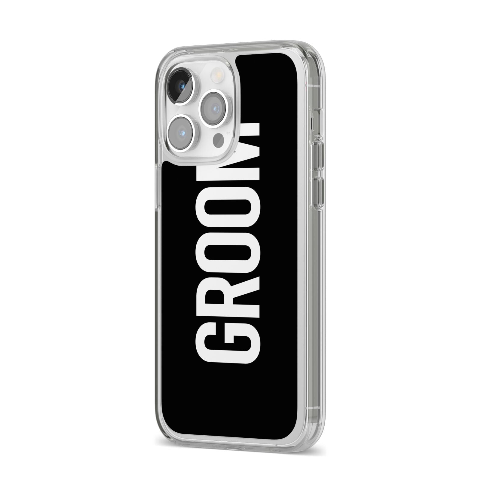 Groom iPhone 14 Pro Max Clear Tough Case Silver Angled Image