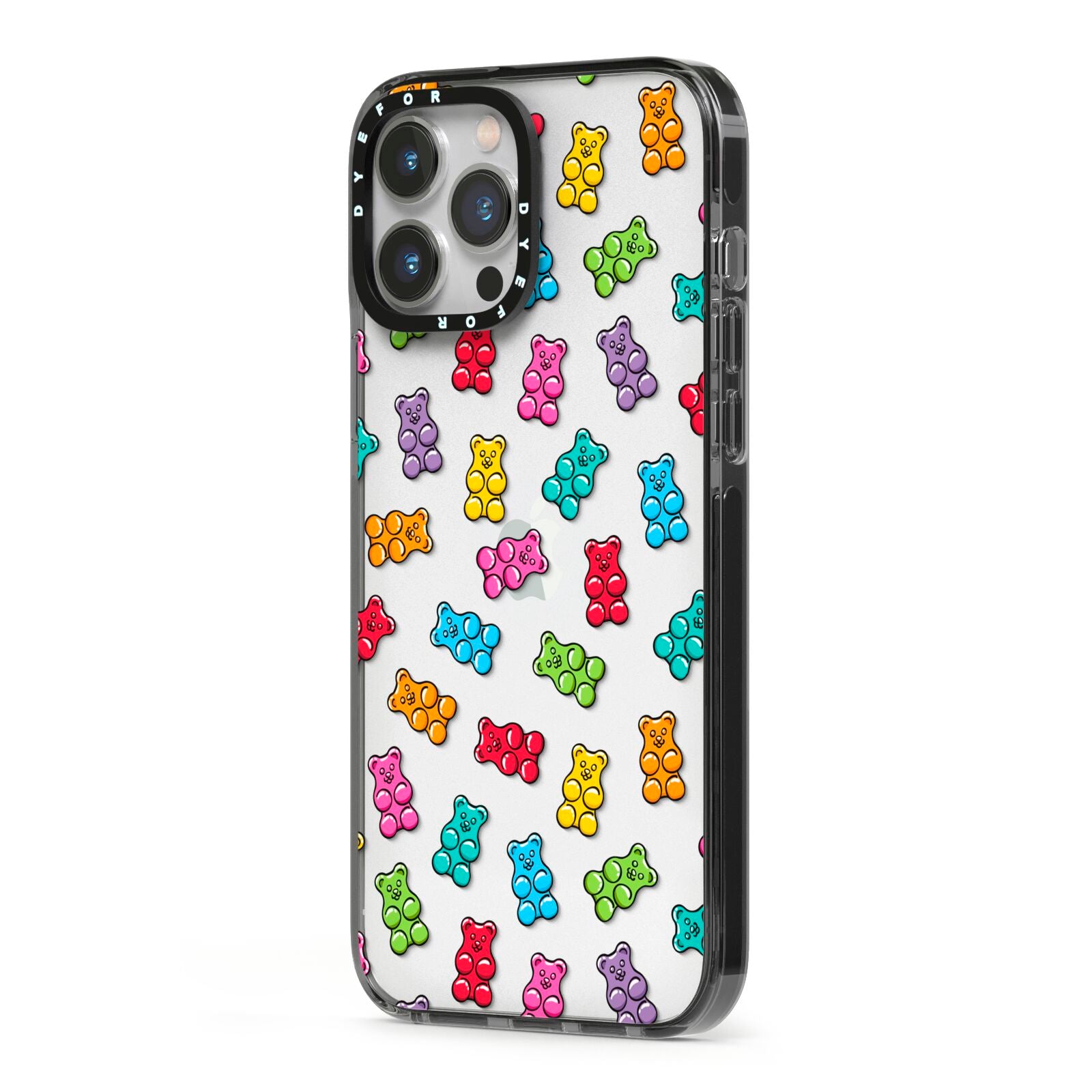 Gummy Bear iPhone 13 Pro Max Black Impact Case Side Angle on Silver phone