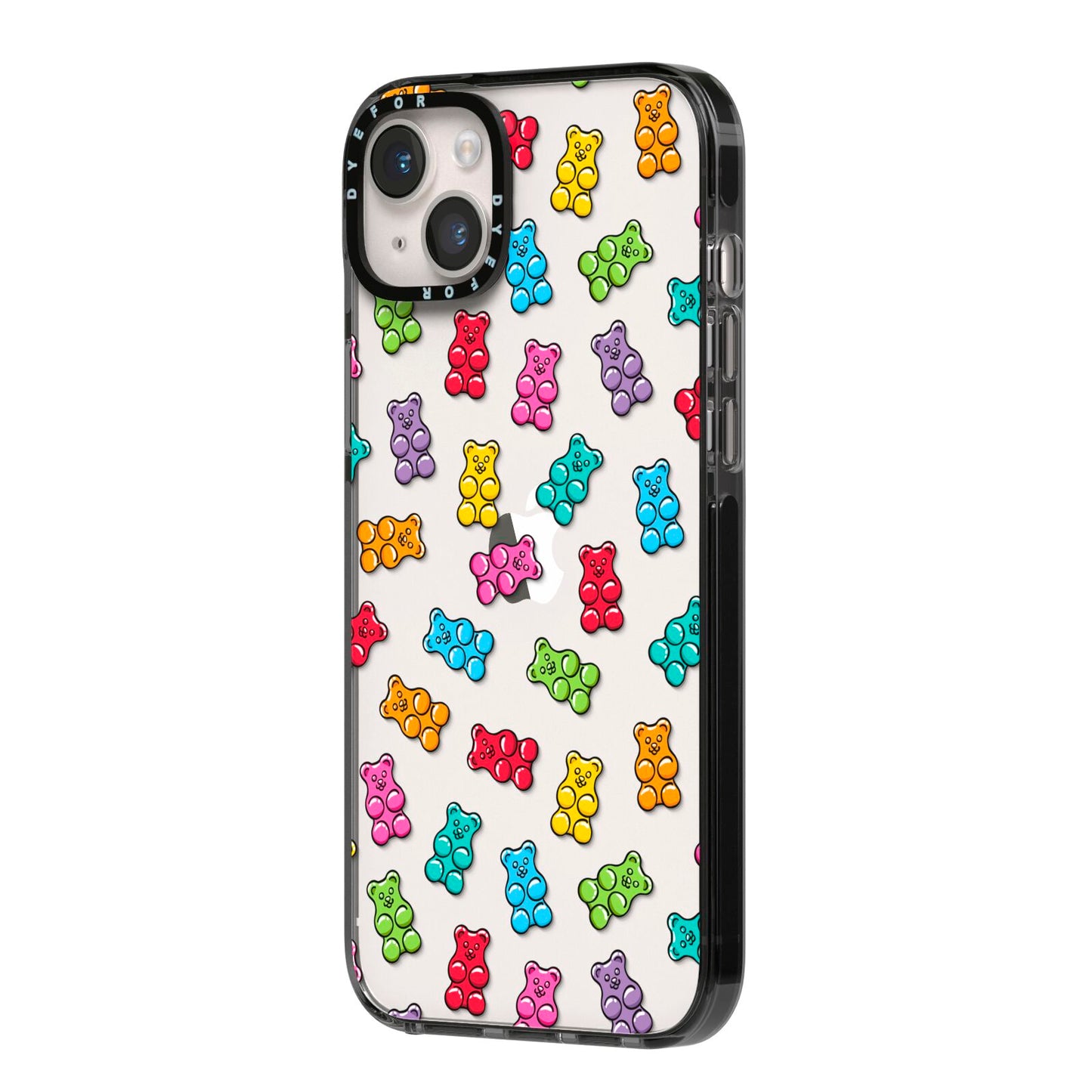 Gummy Bear iPhone 14 Plus Black Impact Case Side Angle on Silver phone