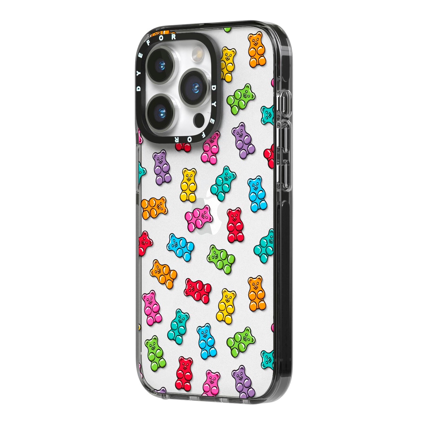 Gummy Bear iPhone 14 Pro Black Impact Case Side Angle on Silver phone