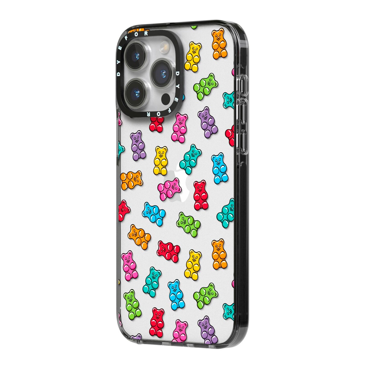 Gummy Bear iPhone 14 Pro Max Black Impact Case Side Angle on Silver phone