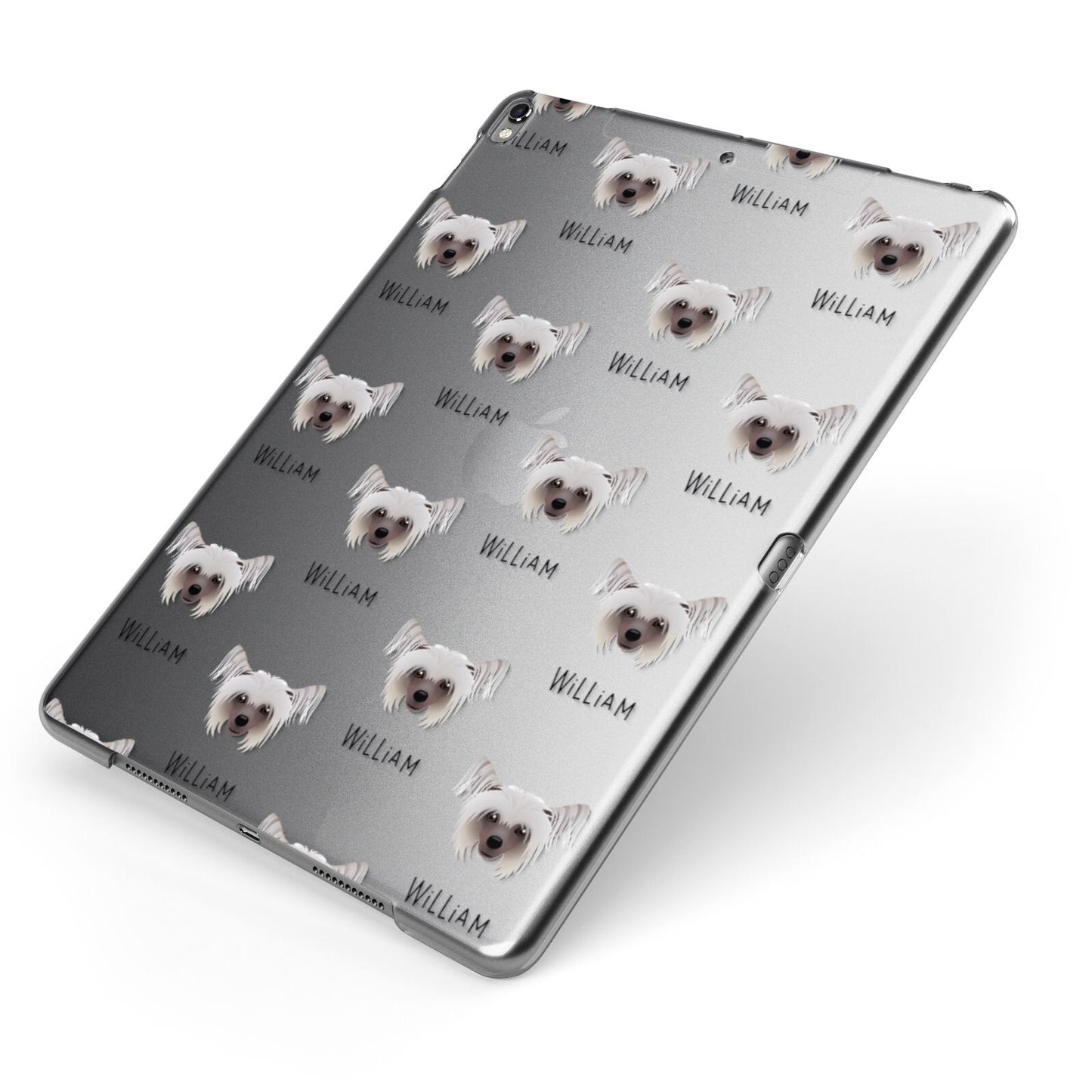 Hairless Chinese Crested Icon with Name Apple iPad Case on Grey iPad Side View