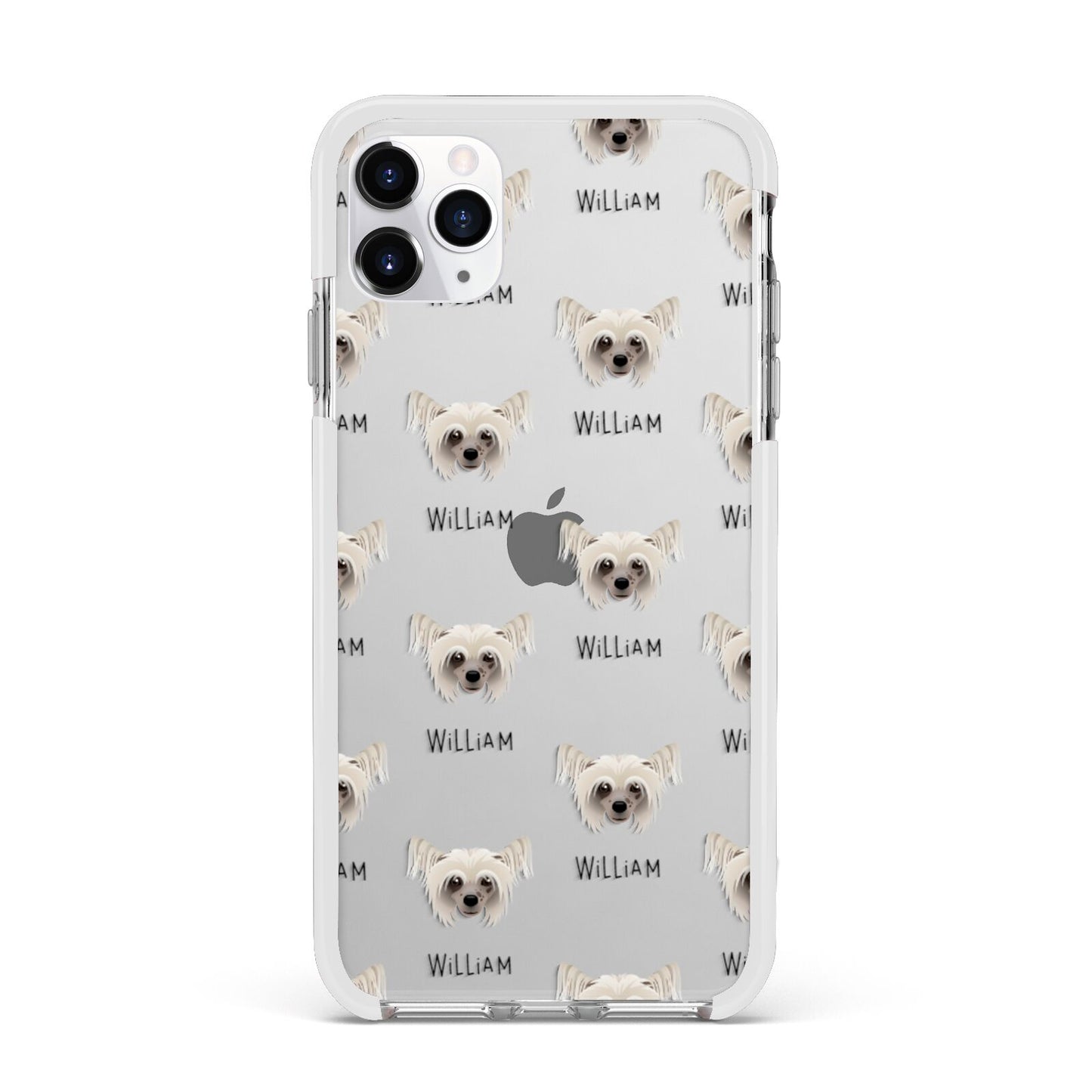Hairless Chinese Crested Icon with Name Apple iPhone 11 Pro Max in Silver with White Impact Case