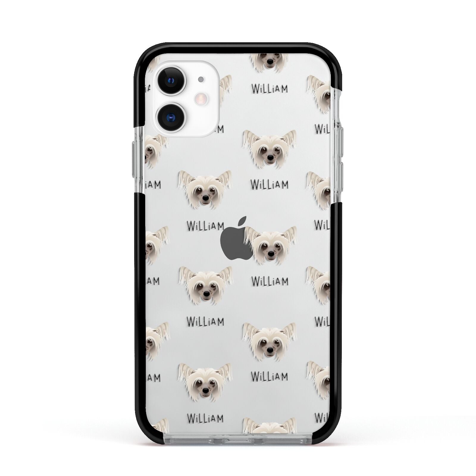 Hairless Chinese Crested Icon with Name Apple iPhone 11 in White with Black Impact Case