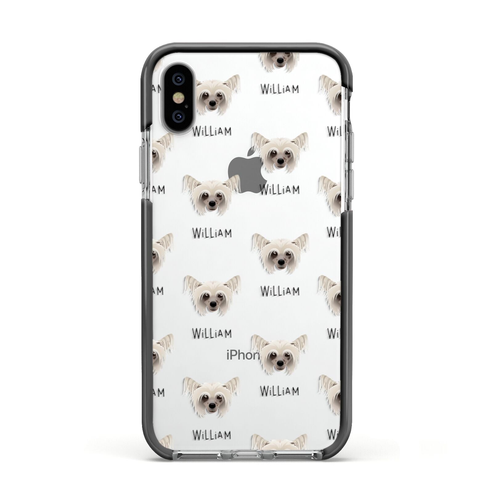 Hairless Chinese Crested Icon with Name Apple iPhone Xs Impact Case Black Edge on Silver Phone