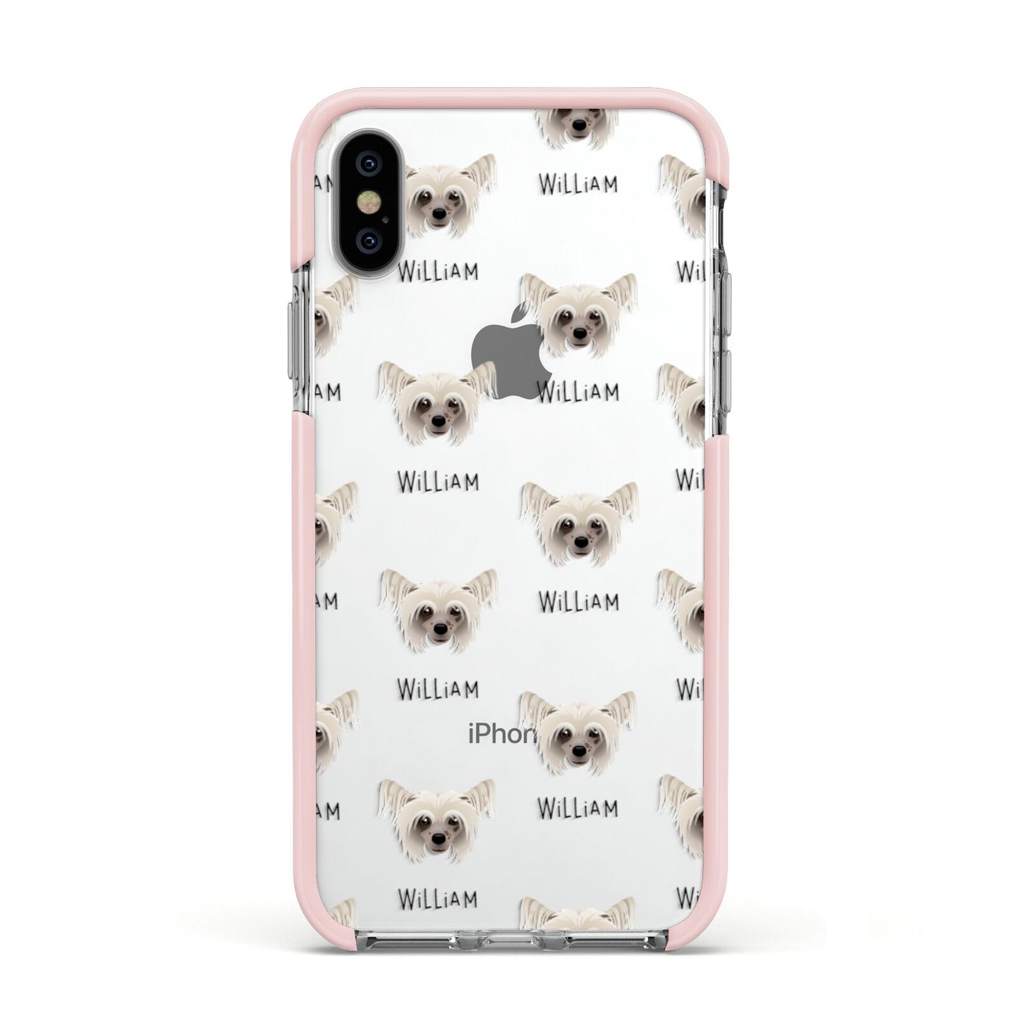 Hairless Chinese Crested Icon with Name Apple iPhone Xs Impact Case Pink Edge on Silver Phone