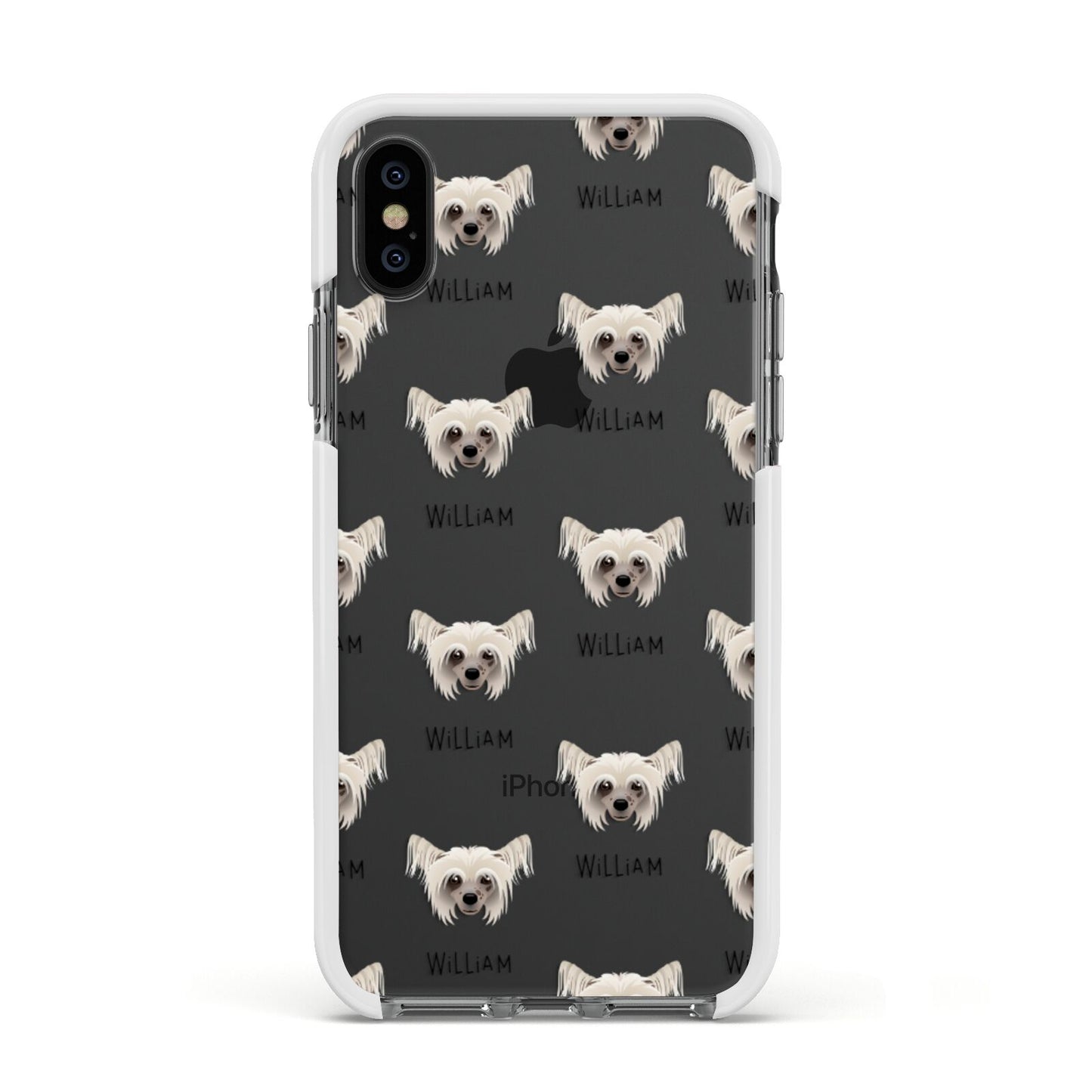 Hairless Chinese Crested Icon with Name Apple iPhone Xs Impact Case White Edge on Black Phone