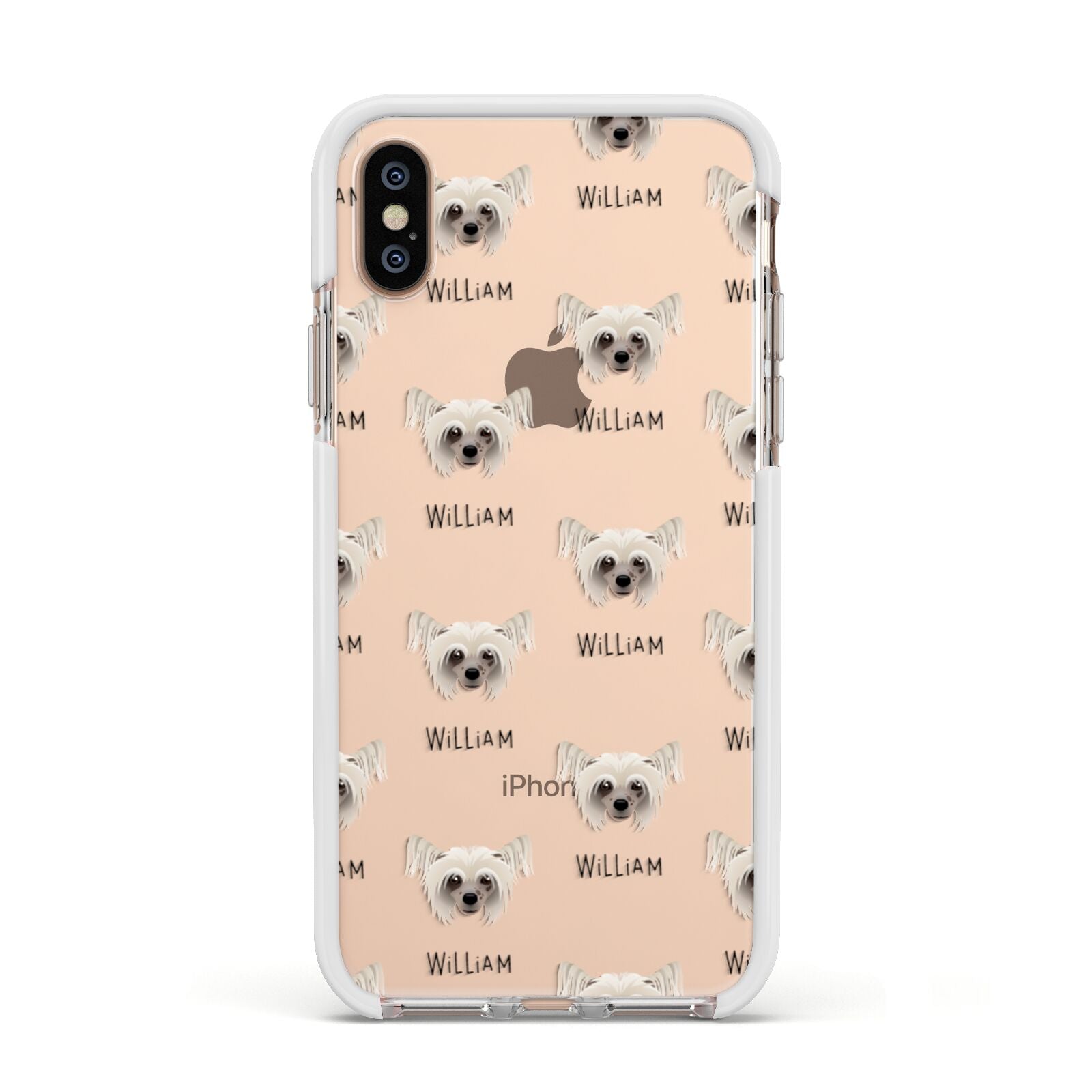 Hairless Chinese Crested Icon with Name Apple iPhone Xs Impact Case White Edge on Gold Phone
