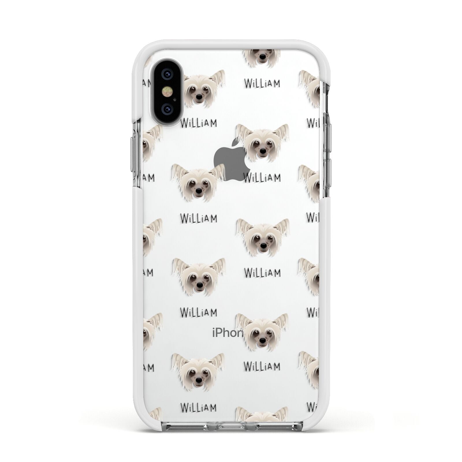 Hairless Chinese Crested Icon with Name Apple iPhone Xs Impact Case White Edge on Silver Phone