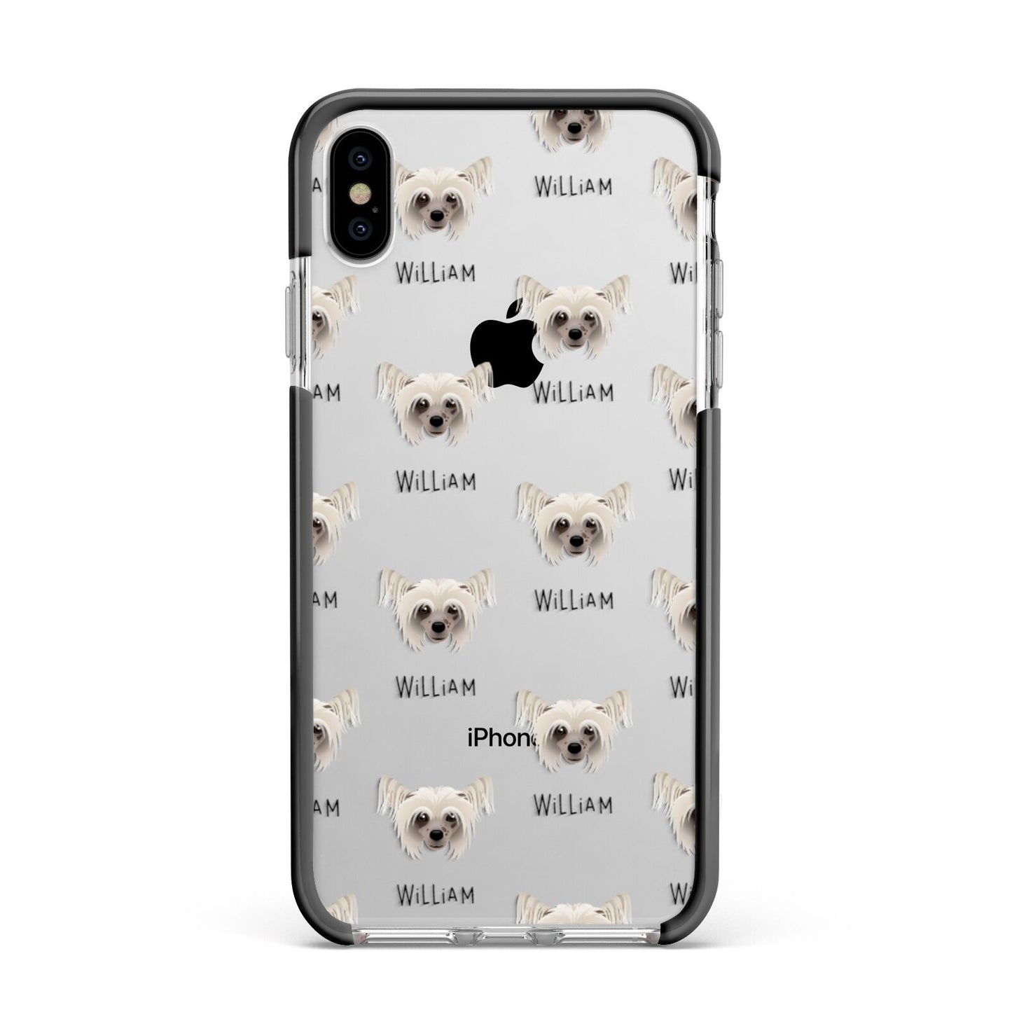 Hairless Chinese Crested Icon with Name Apple iPhone Xs Max Impact Case Black Edge on Silver Phone