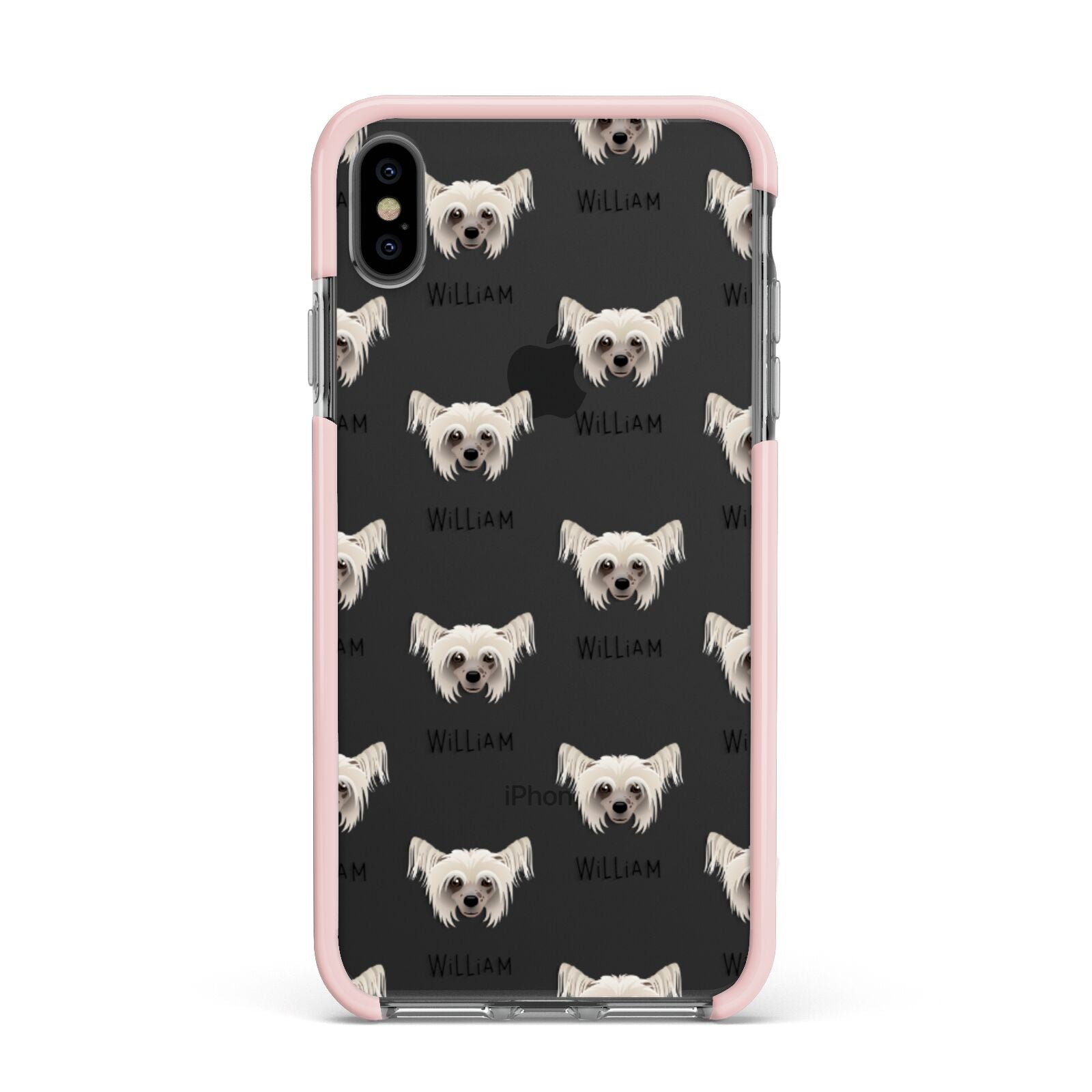 Hairless Chinese Crested Icon with Name Apple iPhone Xs Max Impact Case Pink Edge on Black Phone