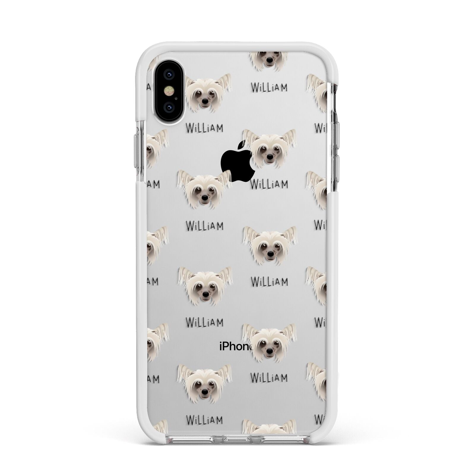 Hairless Chinese Crested Icon with Name Apple iPhone Xs Max Impact Case White Edge on Silver Phone