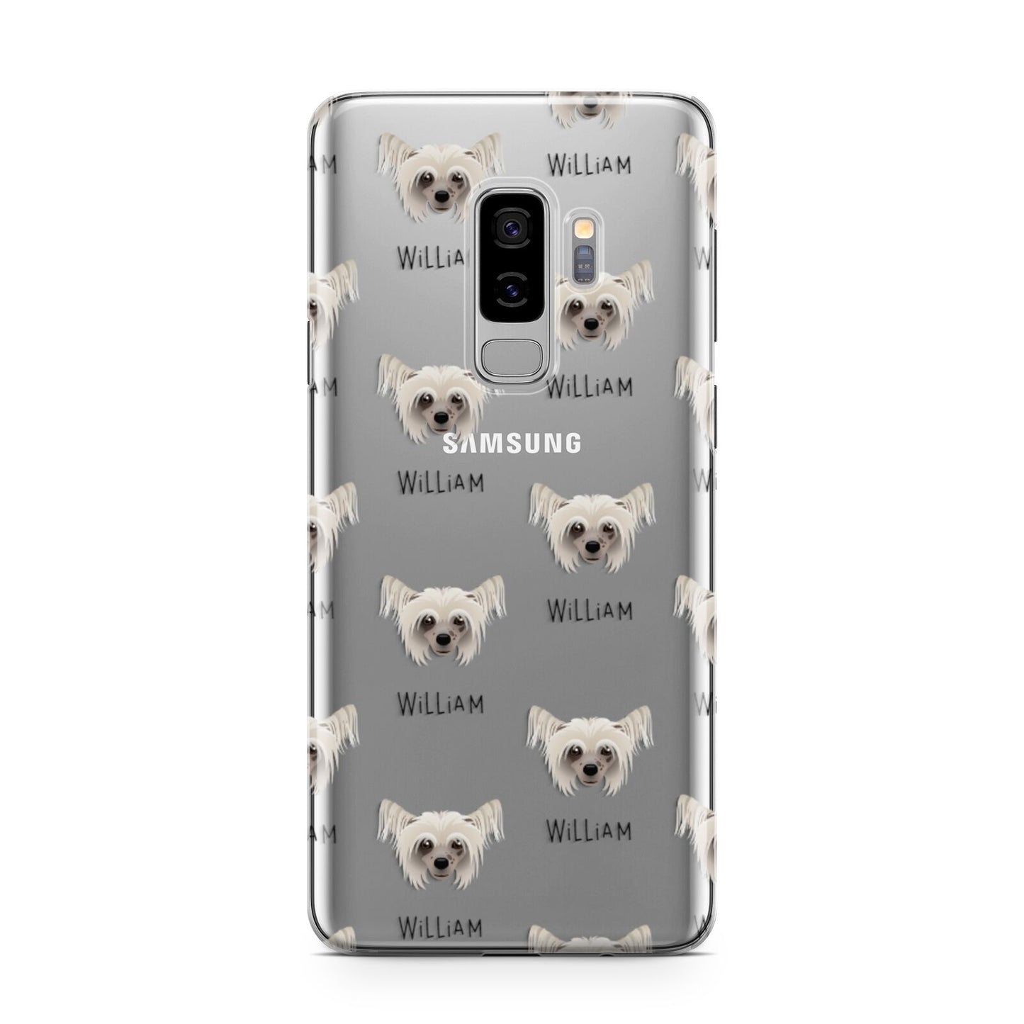 Hairless Chinese Crested Icon with Name Samsung Galaxy S9 Plus Case on Silver phone