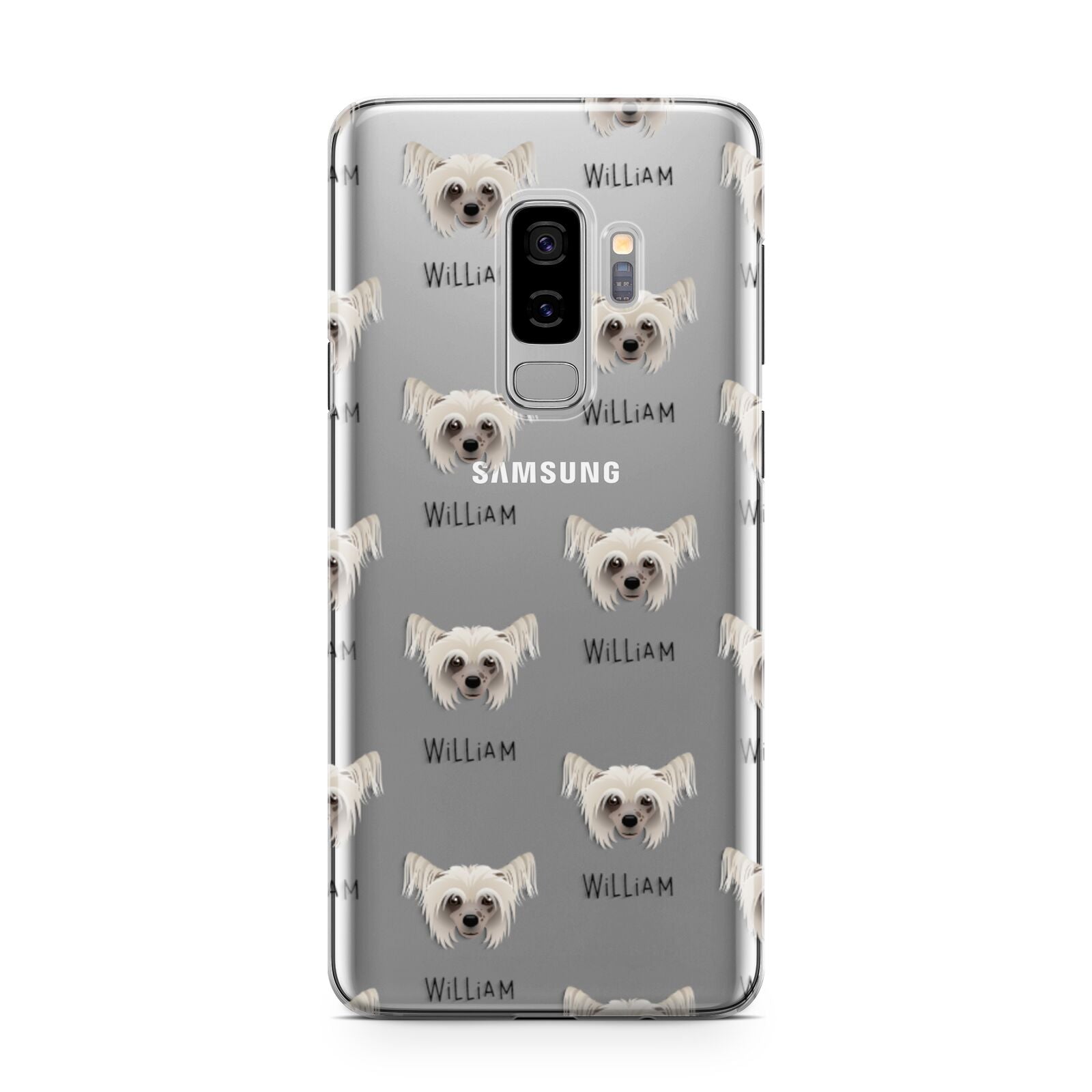 Hairless Chinese Crested Icon with Name Samsung Galaxy S9 Plus Case on Silver phone