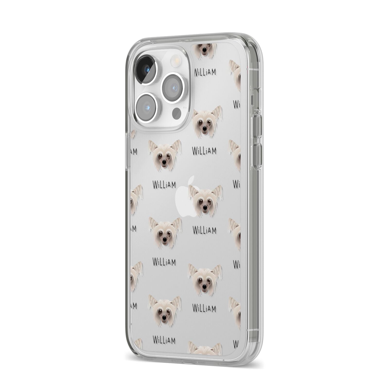 Hairless Chinese Crested Icon with Name iPhone 14 Pro Max Clear Tough Case Silver Angled Image