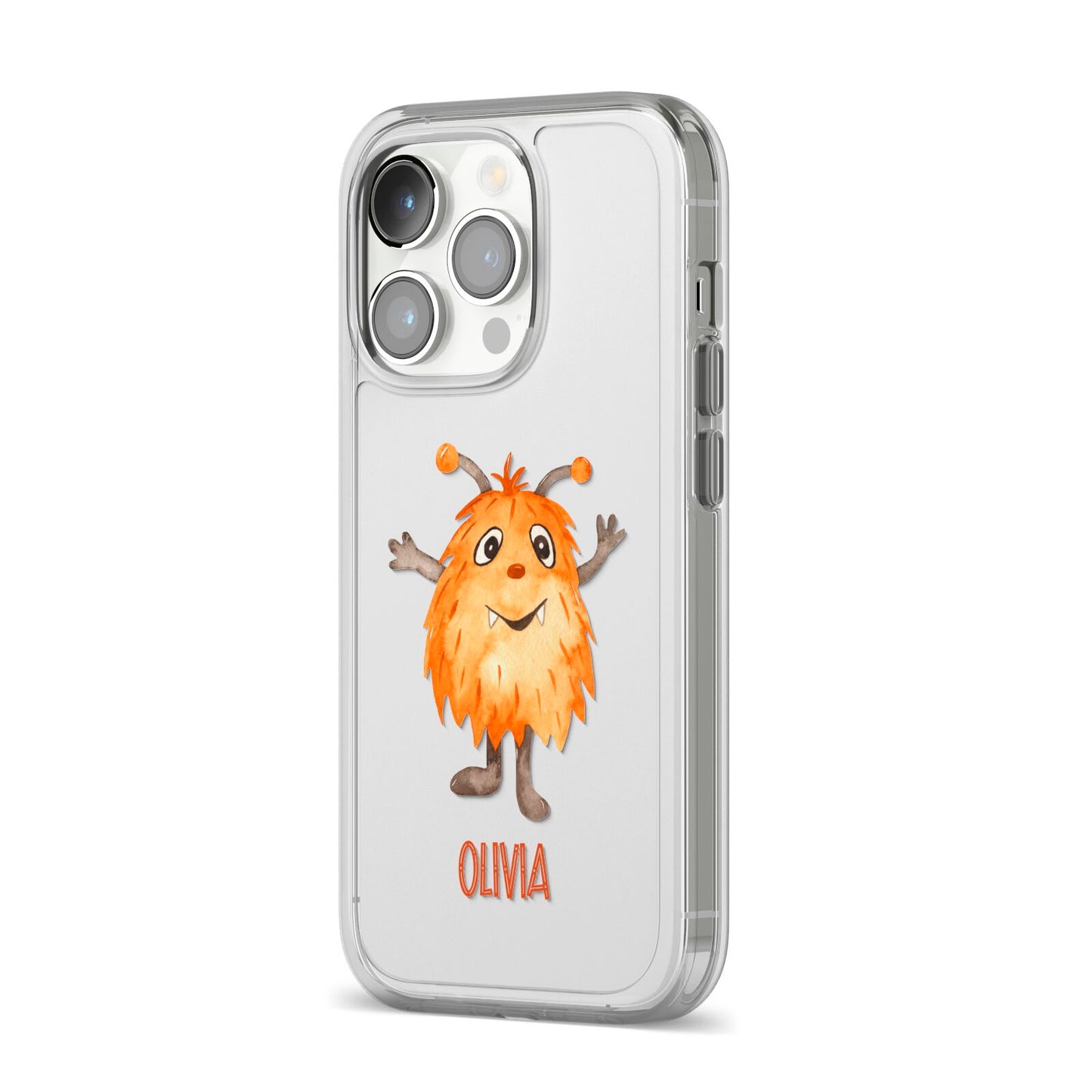 Hairy Halloween Monster iPhone 14 Pro Clear Tough Case Silver Angled Image