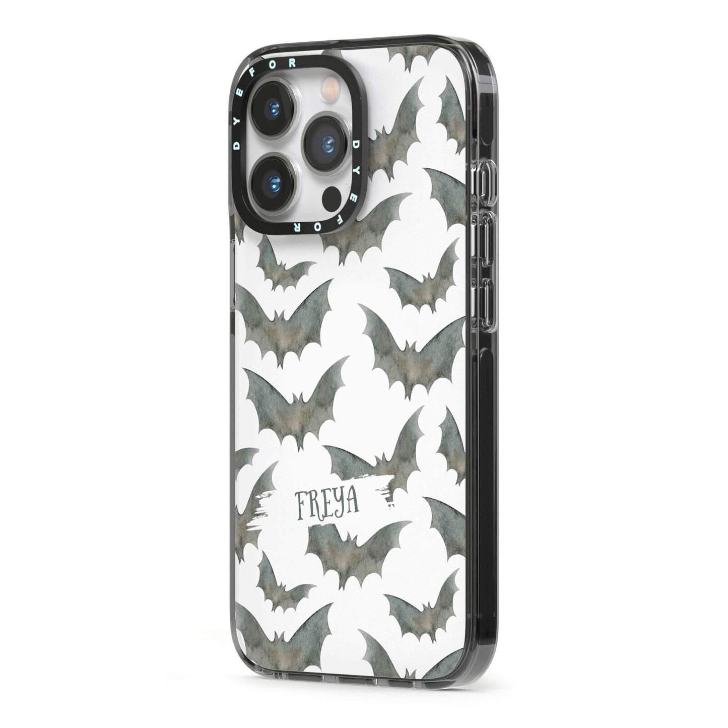 Halloween Bat Cloud iPhone 13 Pro Black Impact Case Side Angle on Silver phone