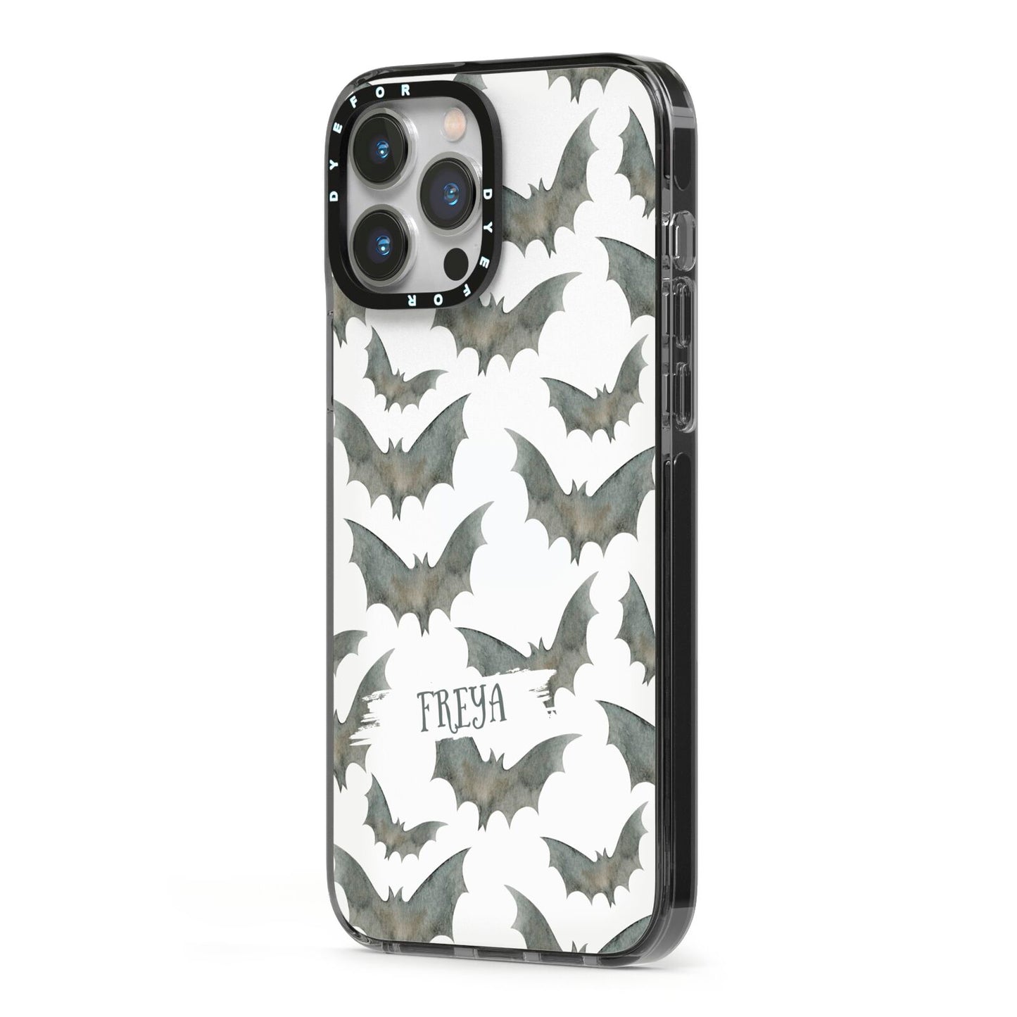 Halloween Bat Cloud iPhone 13 Pro Max Black Impact Case Side Angle on Silver phone