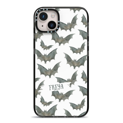 Halloween Bat Cloud iPhone 14 Plus Black Impact Case on Silver phone