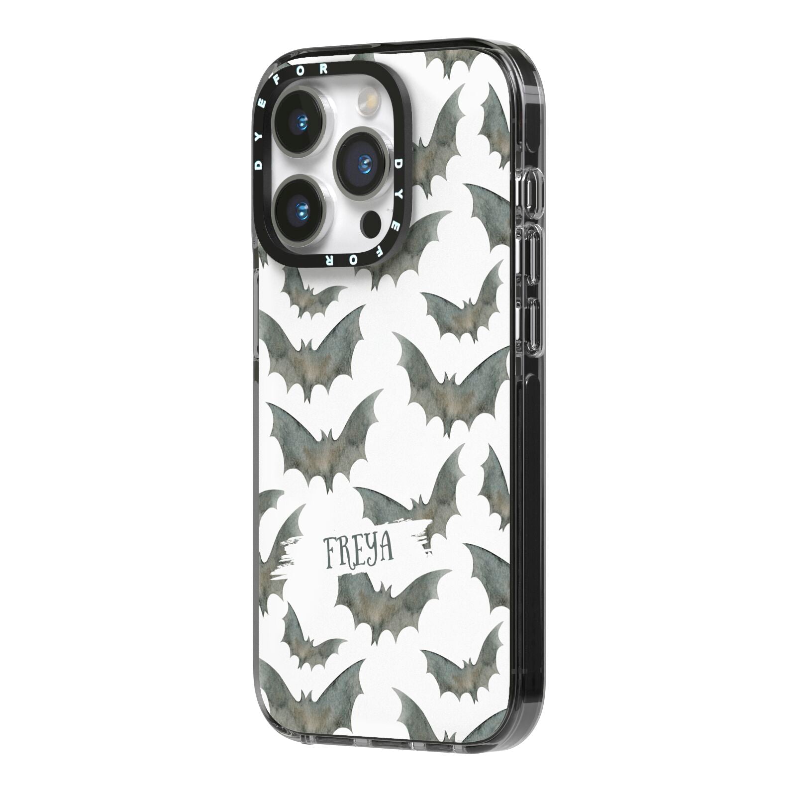 Halloween Bat Cloud iPhone 14 Pro Black Impact Case Side Angle on Silver phone