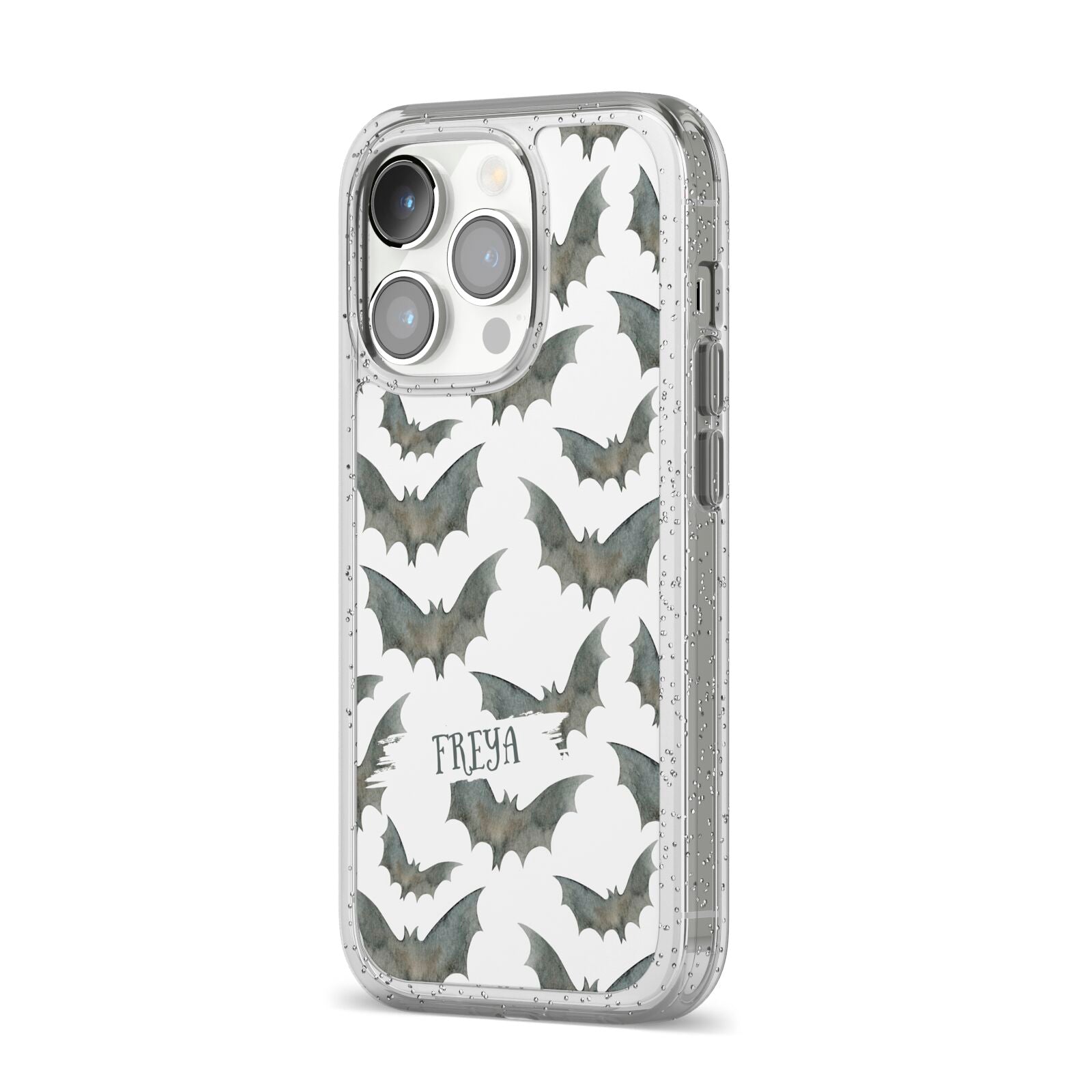 Halloween Bat Cloud iPhone 14 Pro Glitter Tough Case Silver Angled Image