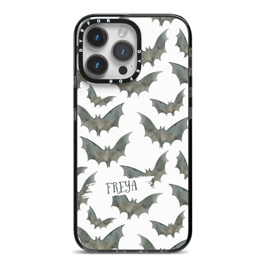 Halloween Bat Cloud iPhone 14 Pro Max Black Impact Case on Silver phone