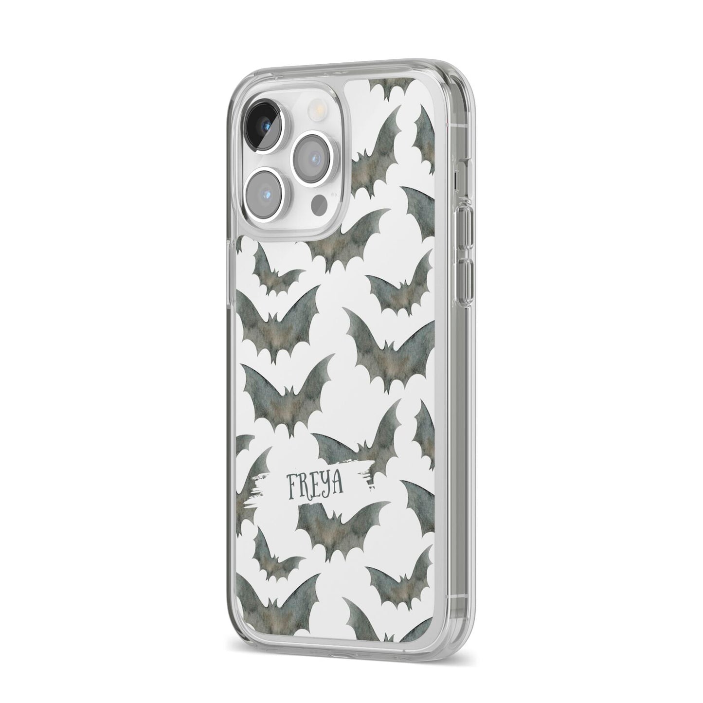 Halloween Bat Cloud iPhone 14 Pro Max Clear Tough Case Silver Angled Image