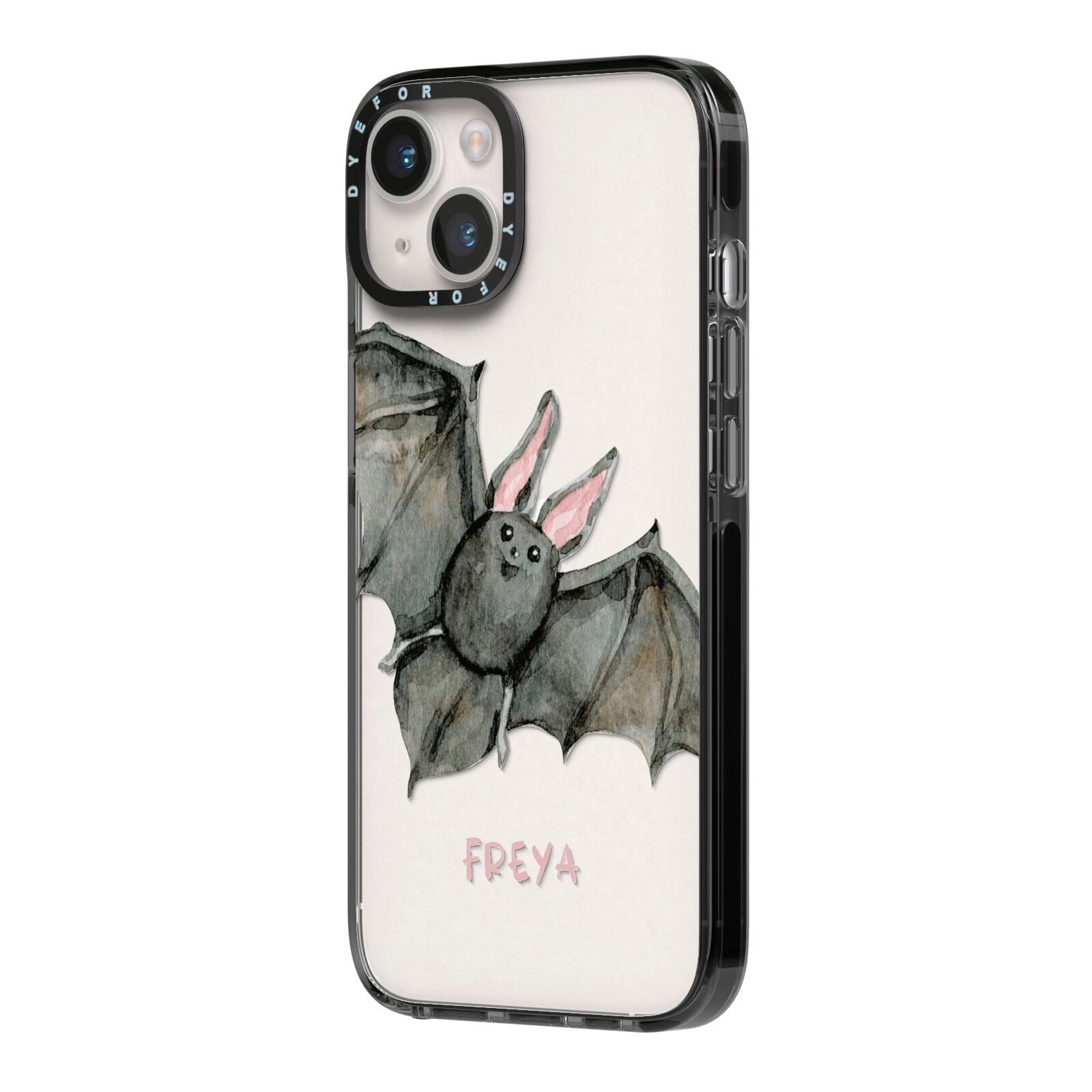 Halloween Bat iPhone 14 Black Impact Case Side Angle on Silver phone