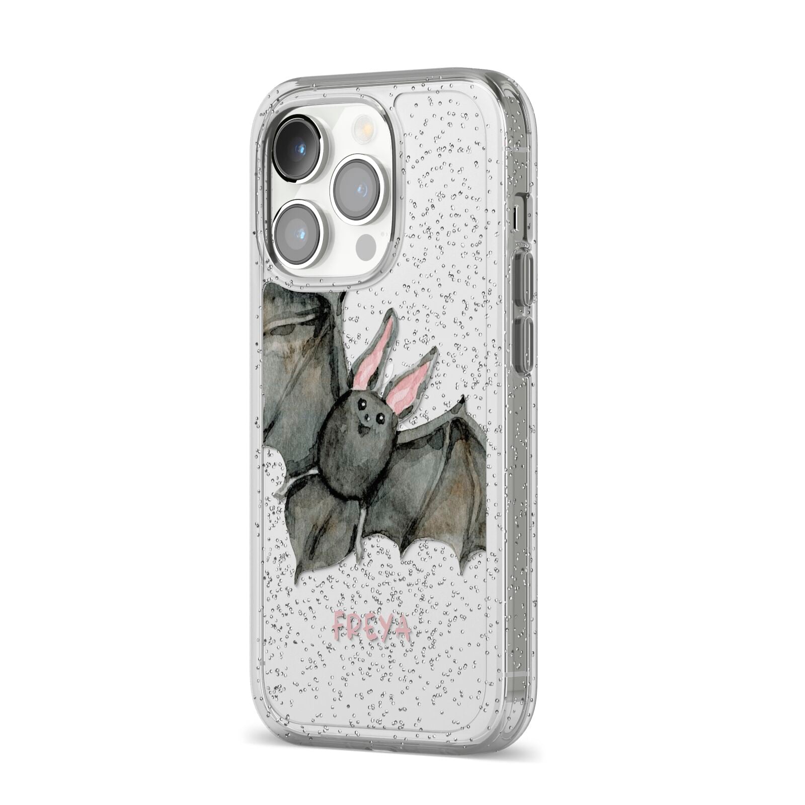 Halloween Bat iPhone 14 Pro Glitter Tough Case Silver Angled Image
