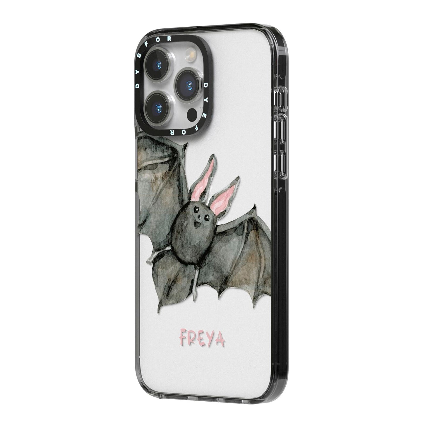 Halloween Bat iPhone 14 Pro Max Black Impact Case Side Angle on Silver phone